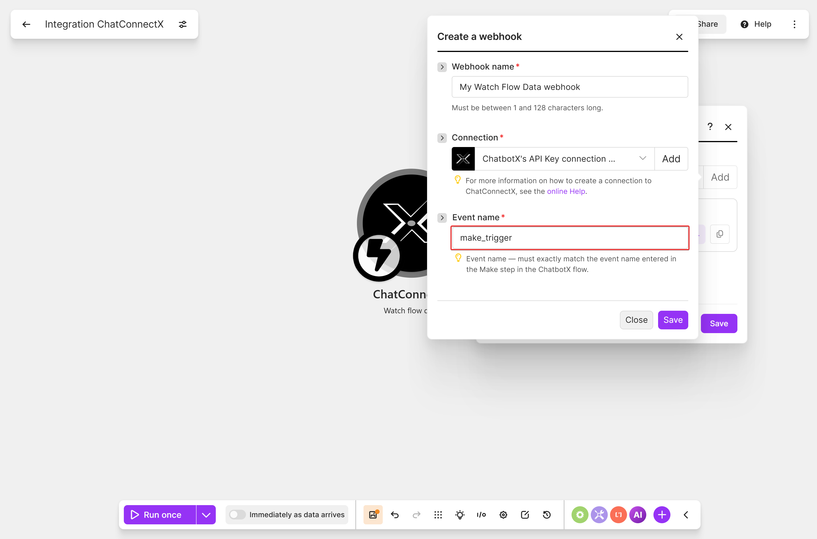 Match the webhook event name with the ChatbotX Make action event