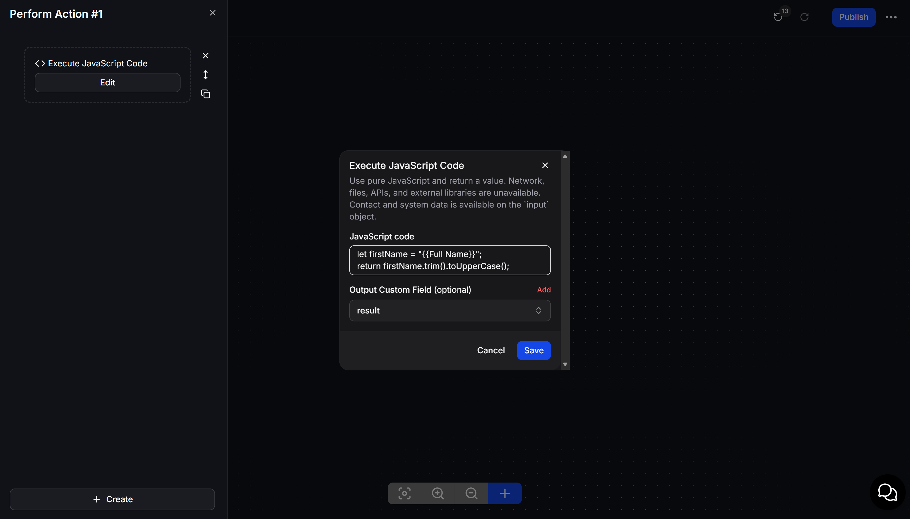 Configure JavaScript code and select an output custom field
