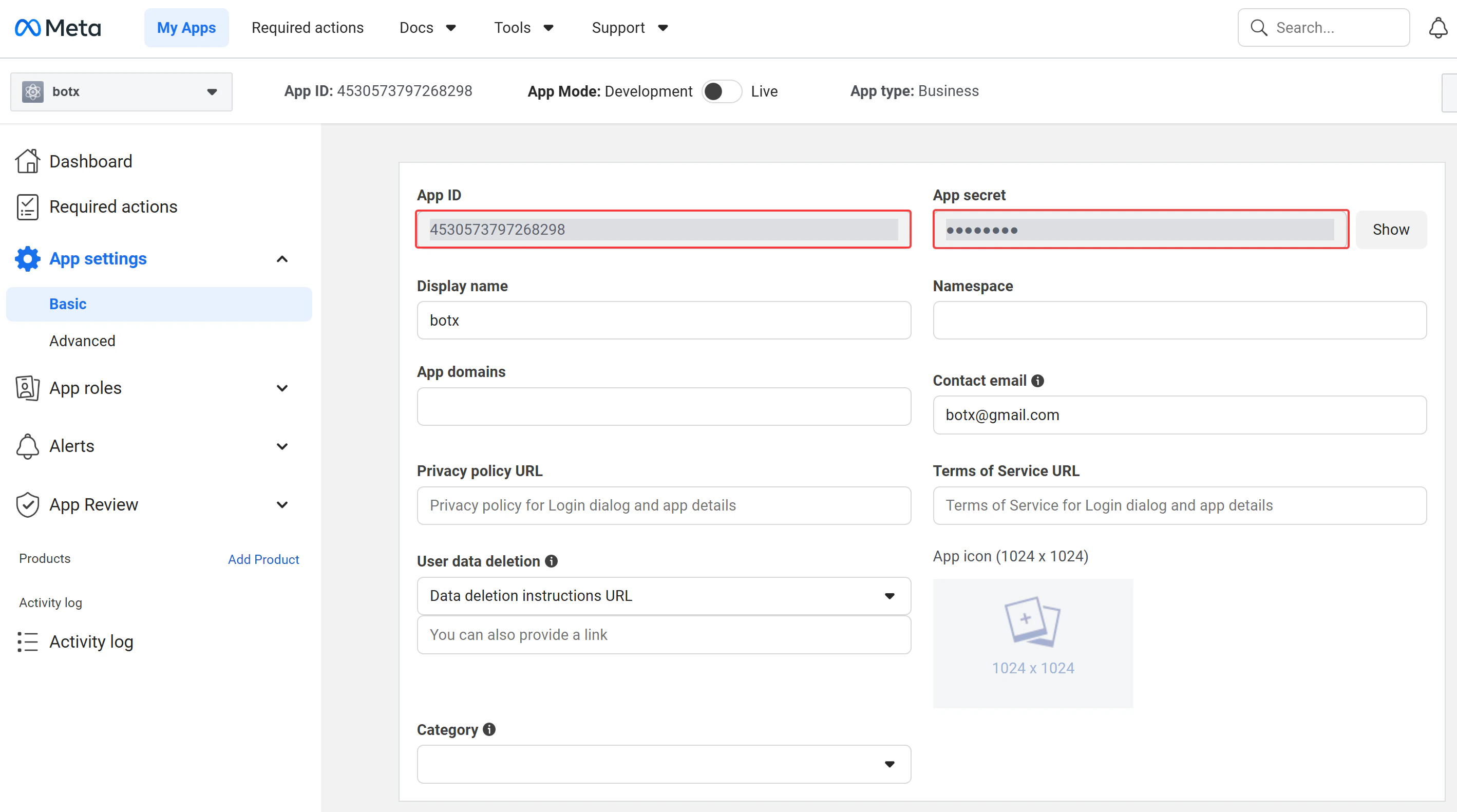 App ID and App Secret in Basic Settings