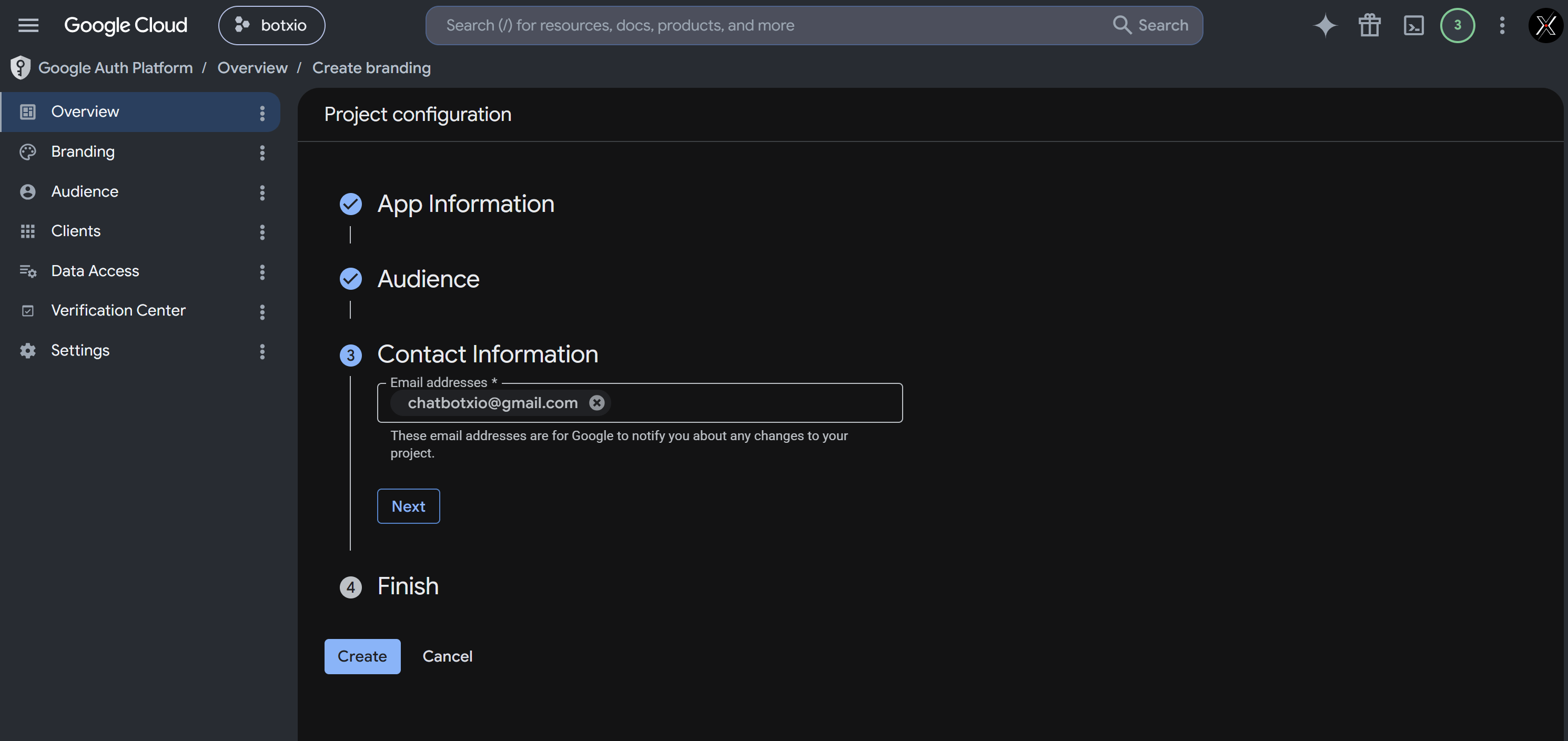 Google App Project Info Contact