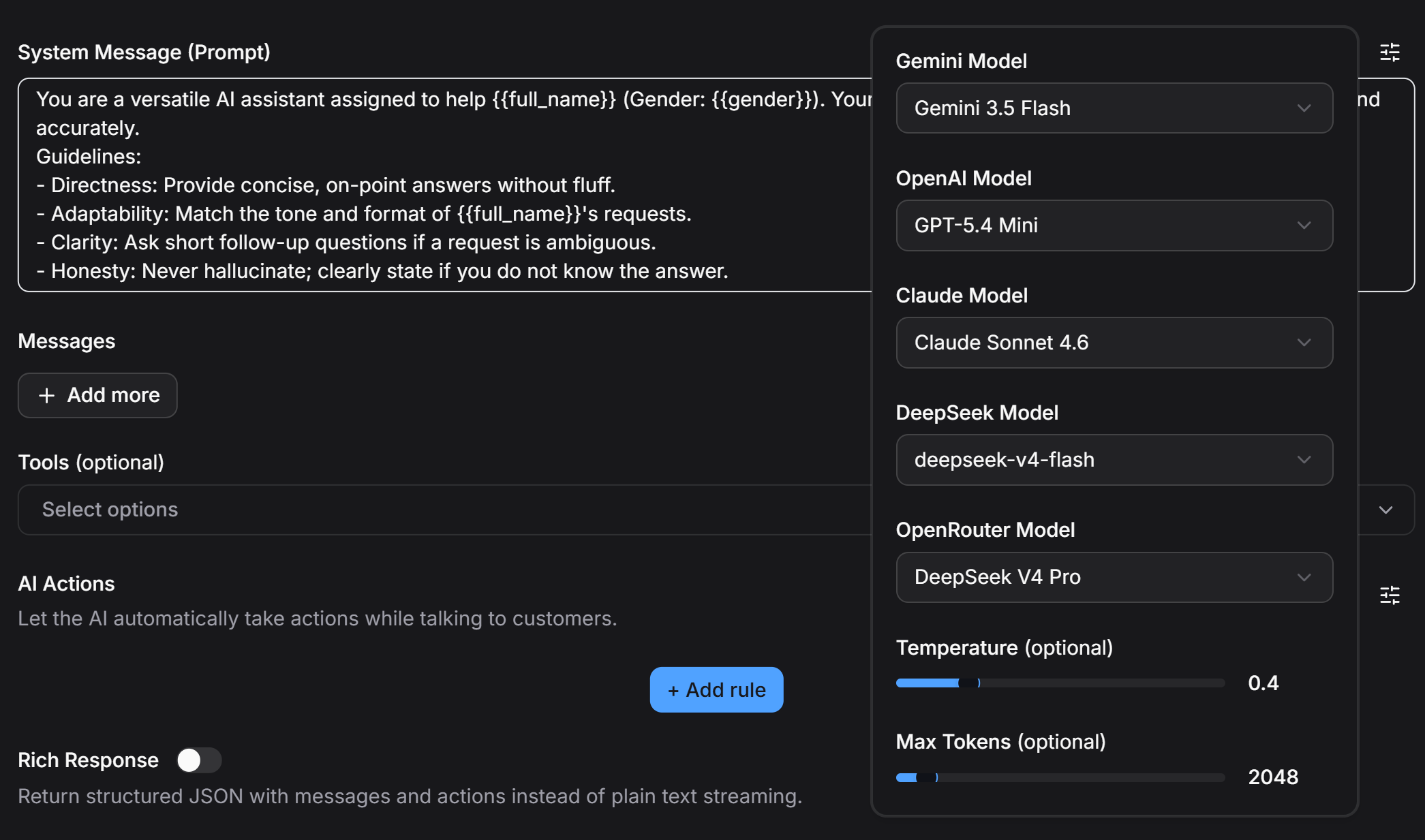 AI Agent Model Settings