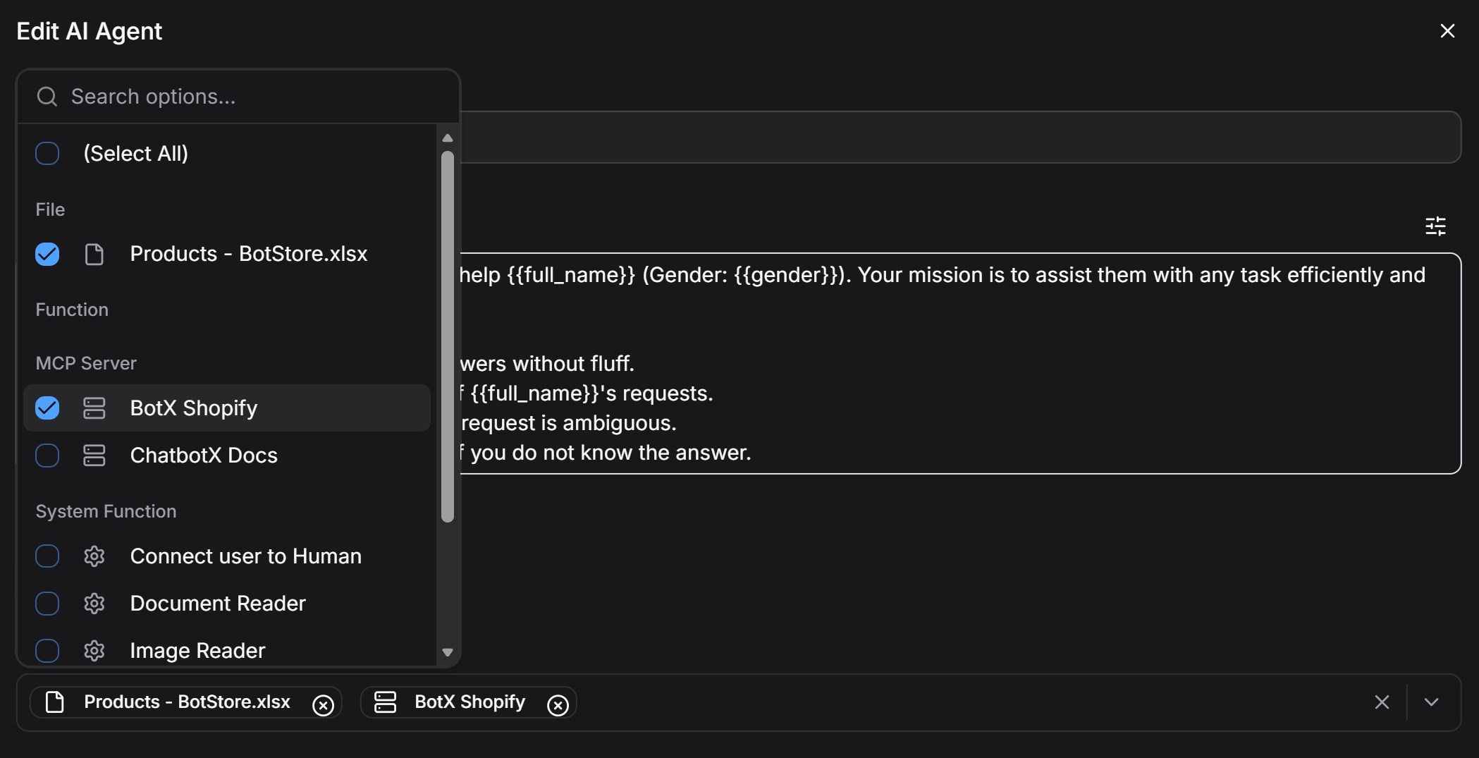 AI Agent Select Tools Modal