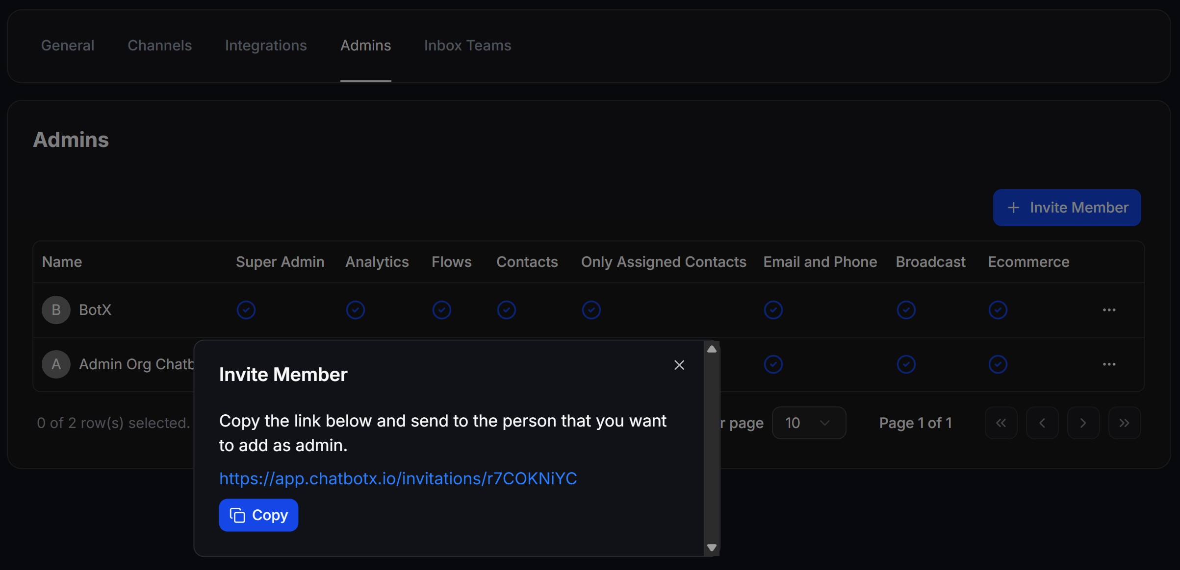 Chatbotx Settings Invite Link Generated