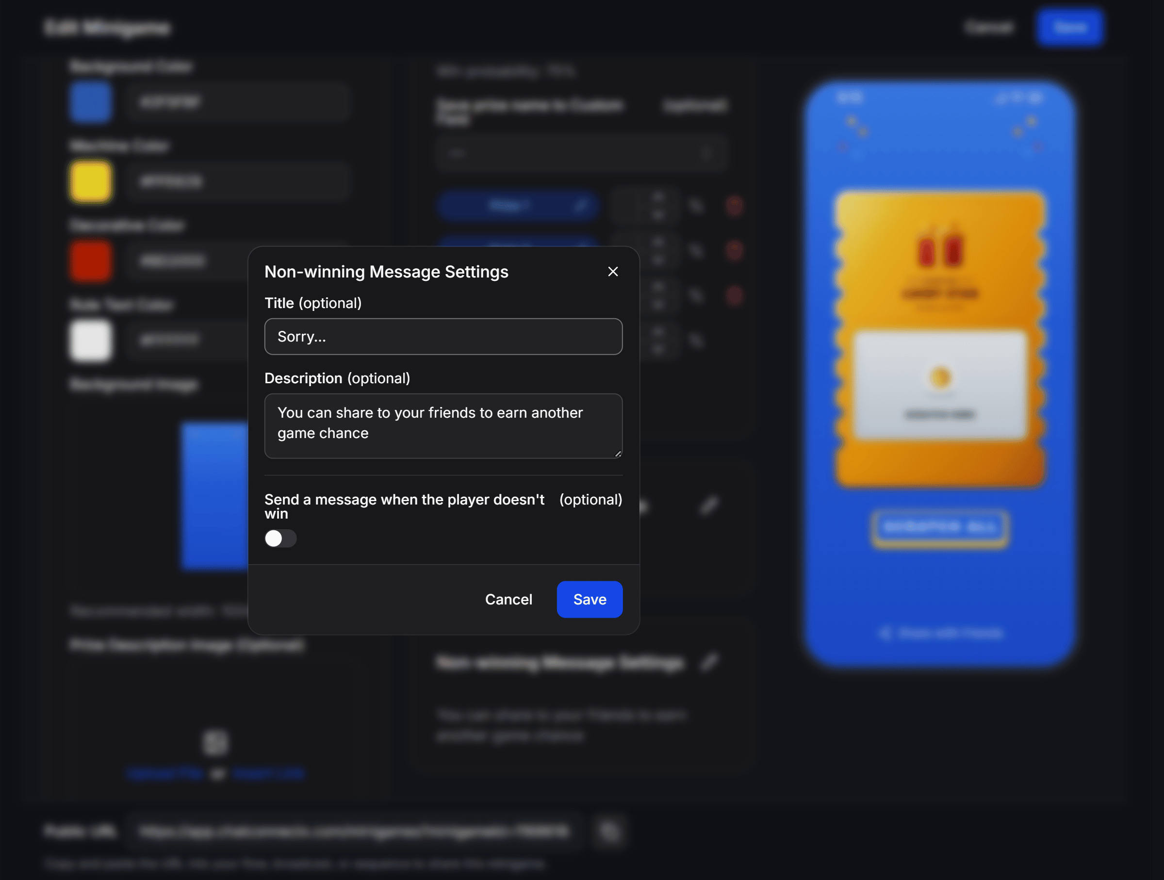 Scratch Off Non Winning Message Settings Modal