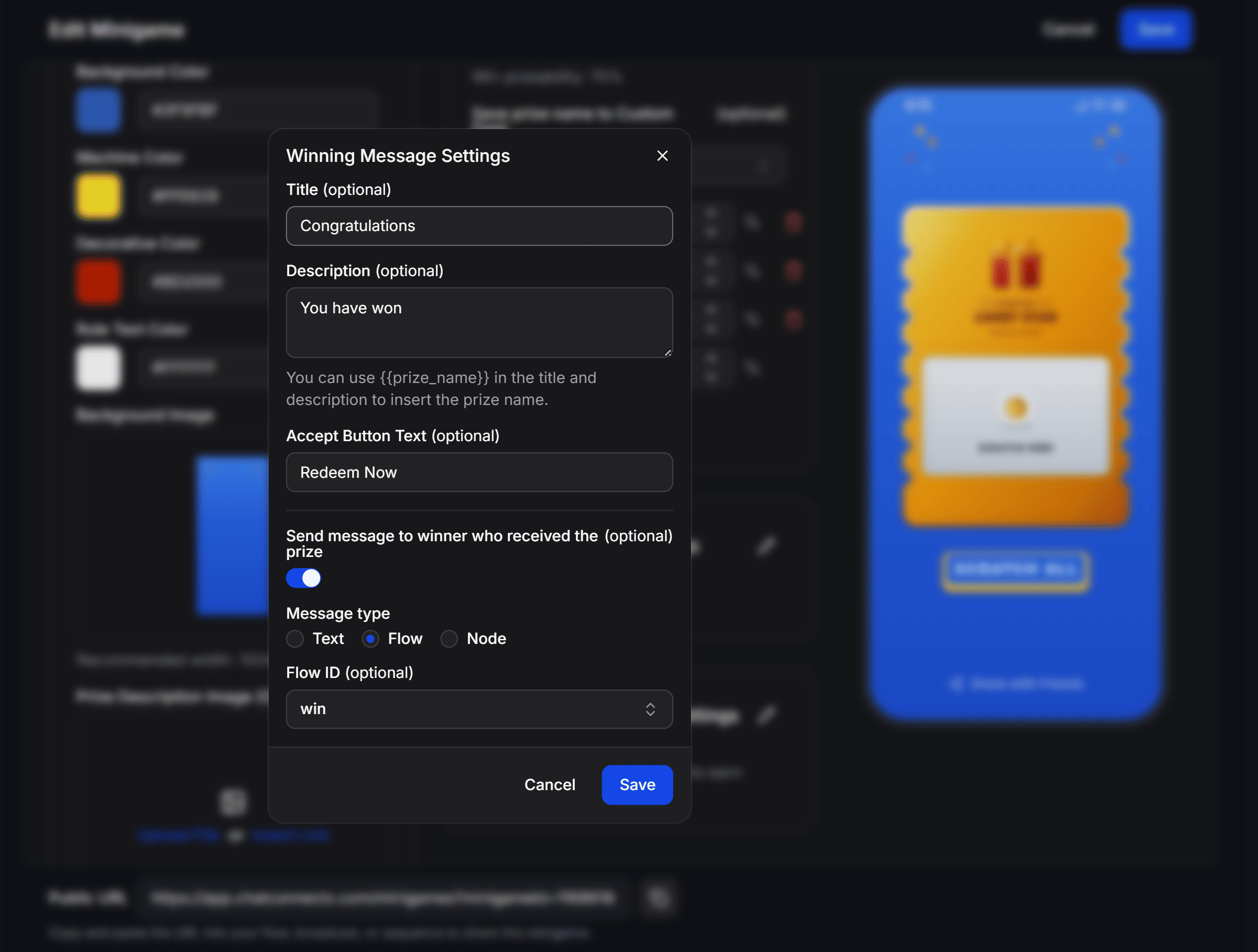 Scratch Off Winning Message Settings Modal