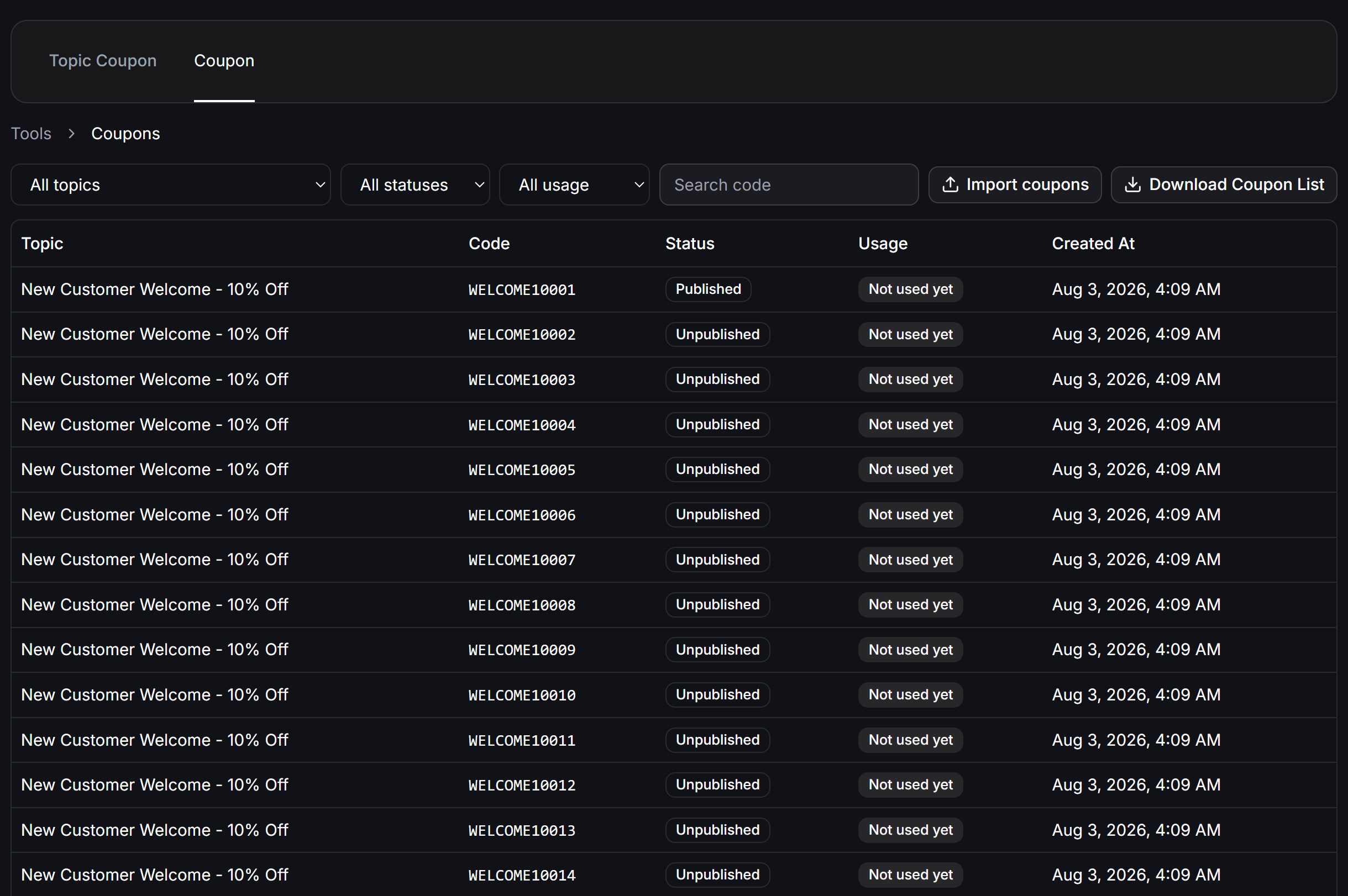 View Coupon filters and status columns