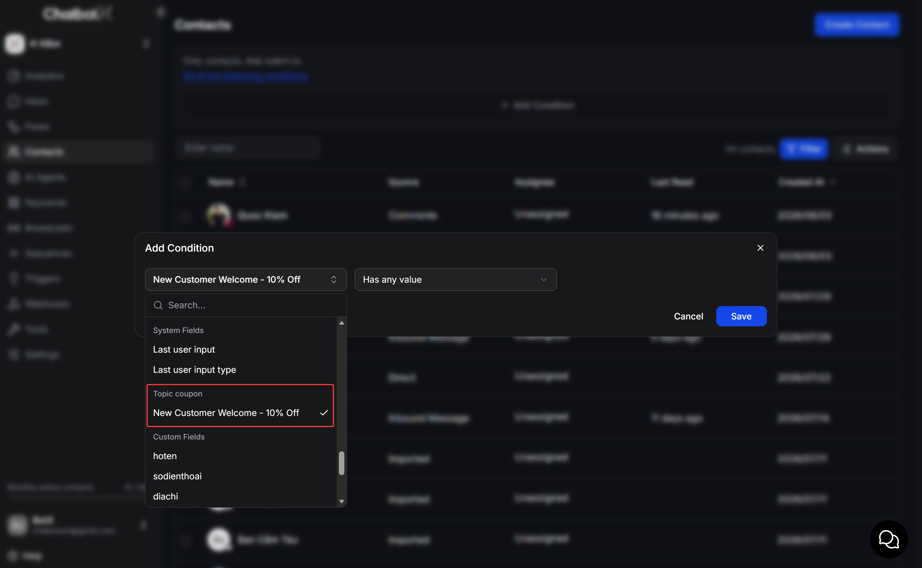Filter contacts by Topic Coupon status
