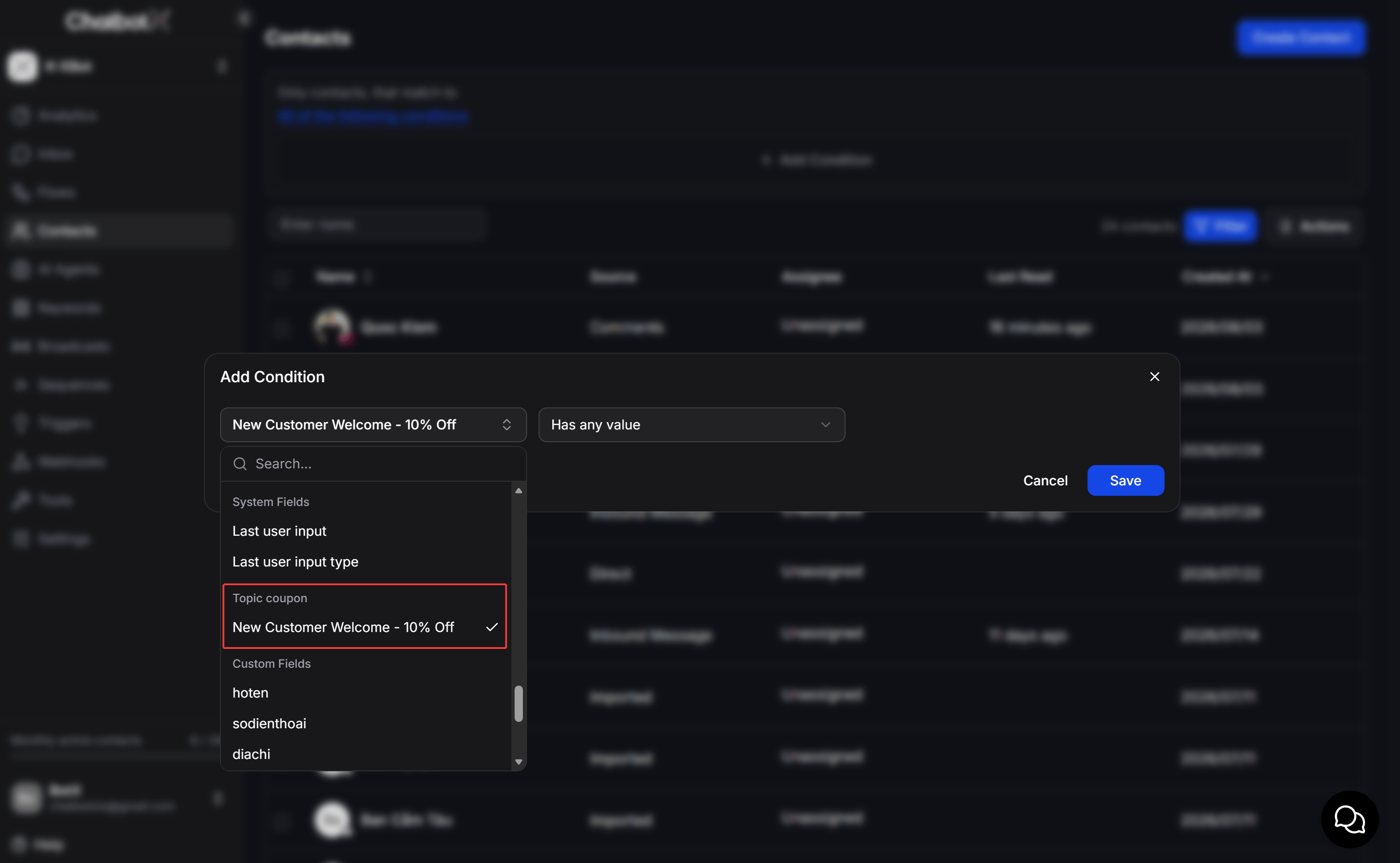 Filter contacts by Topic Coupon status