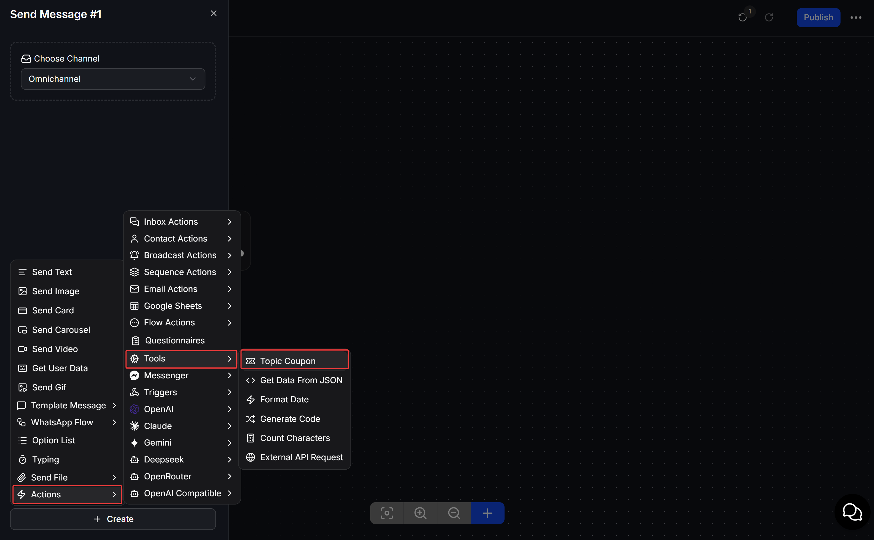 Select the Topic Coupon action in Flow Builder