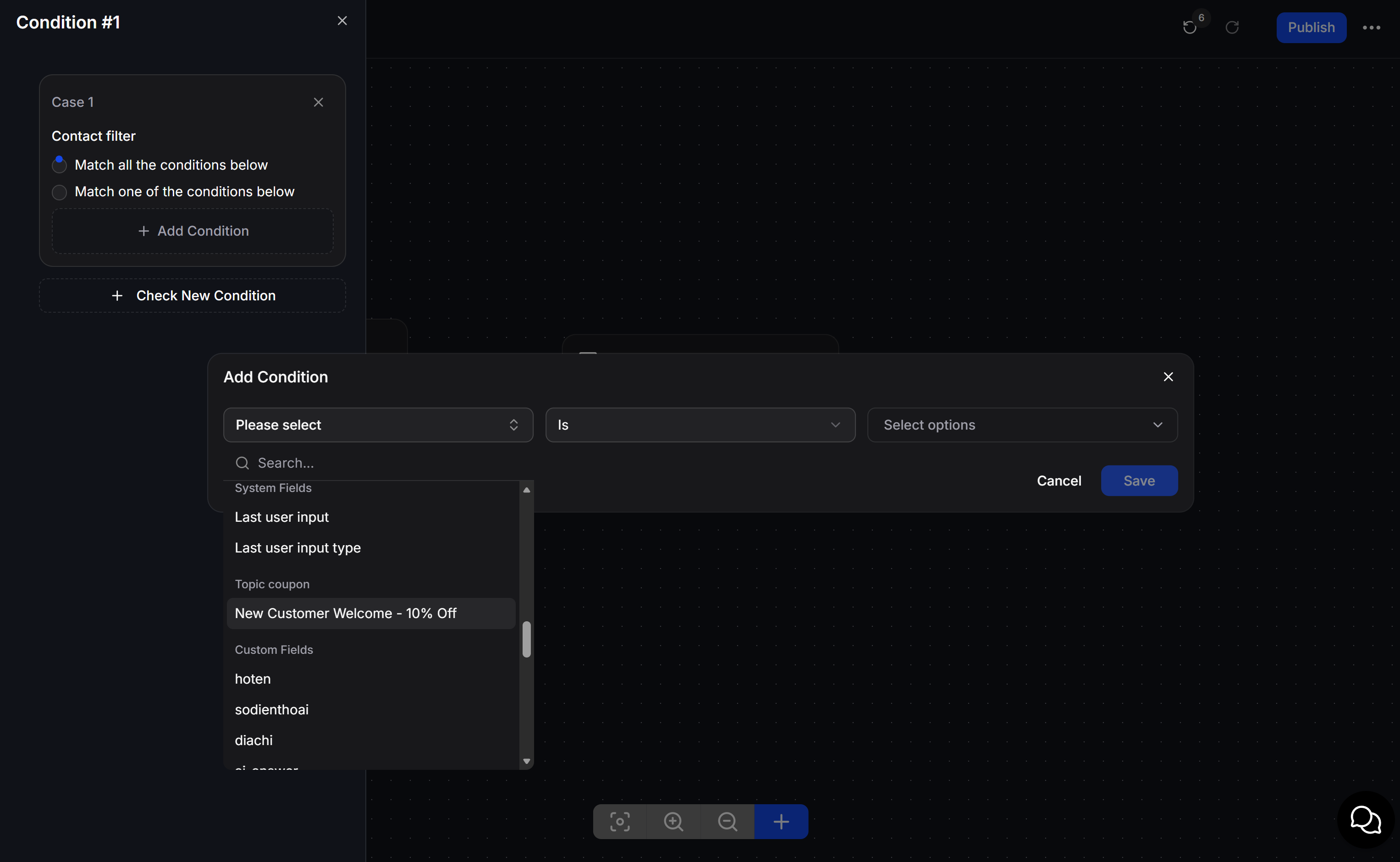 Select a Topic Coupon field in a Condition node