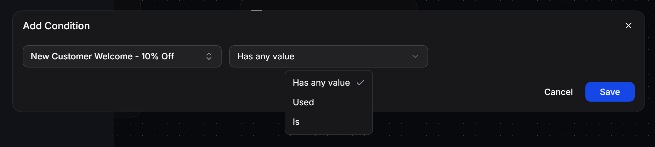 Choose a Topic Coupon condition operator