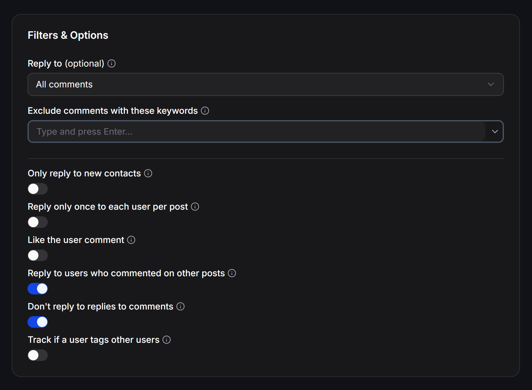 Chatbotx Facebook Comment Filters Options