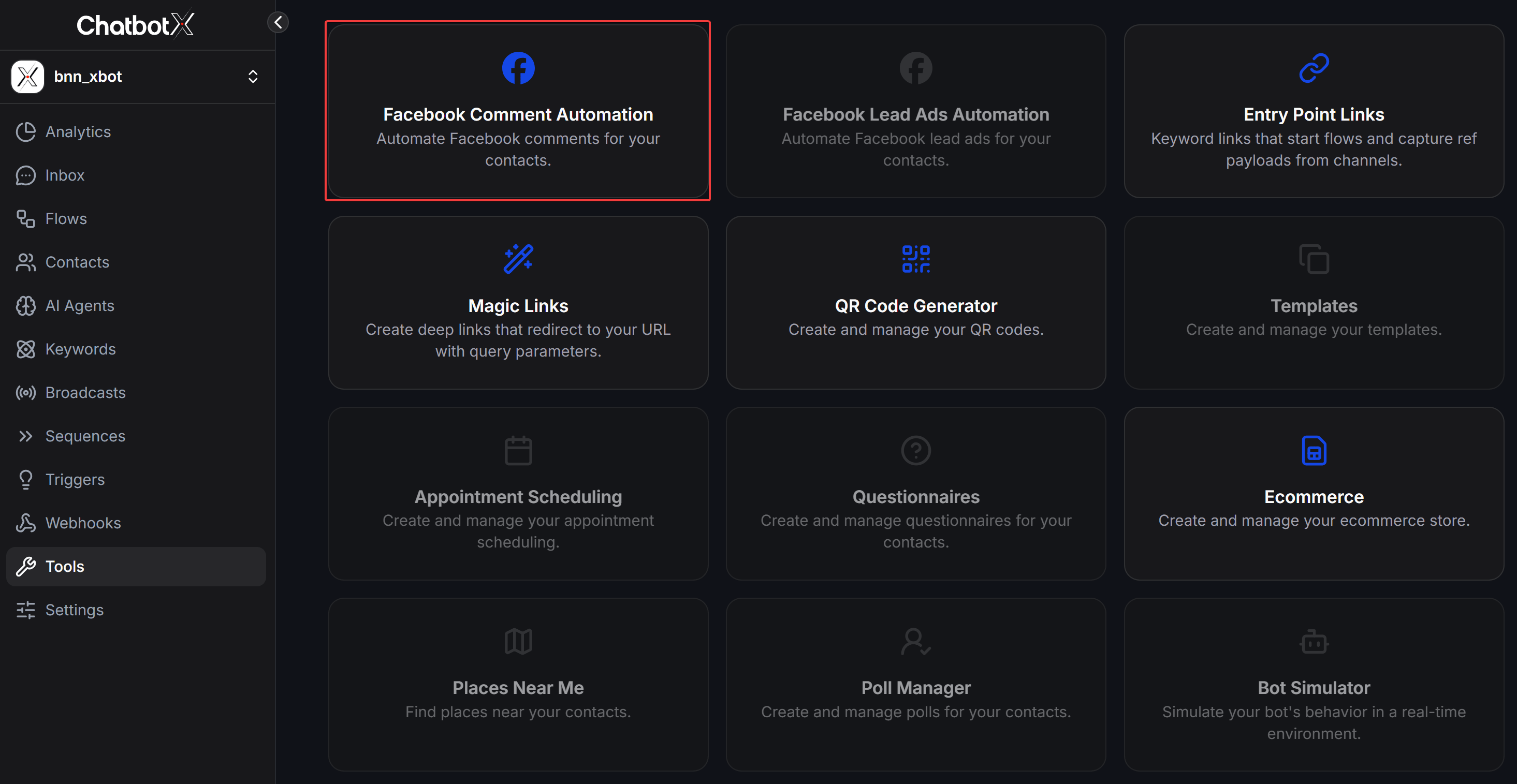Chatbotx Tools Menu Facebook Comment