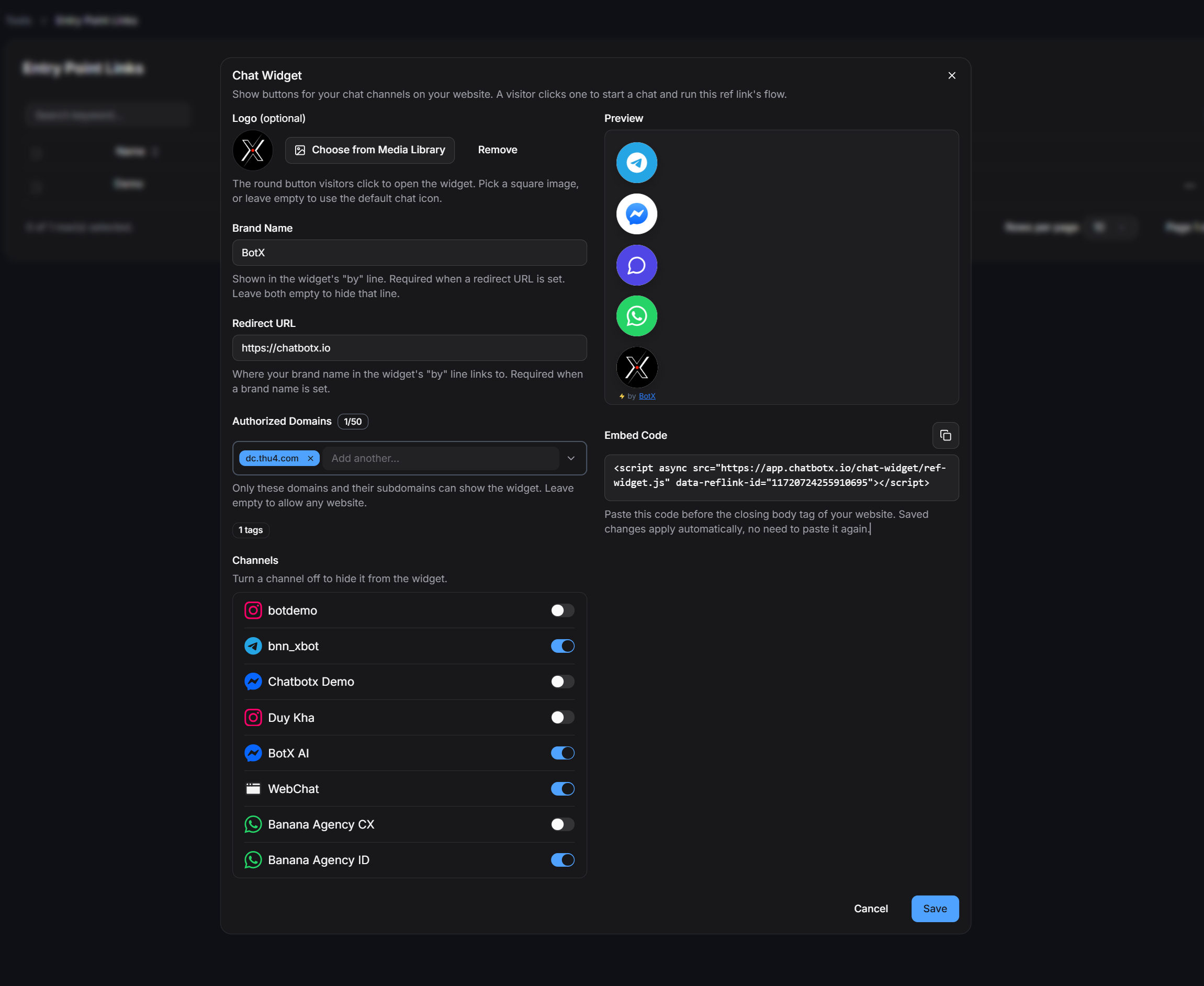 Entry Point Links Chat Widget Configuration
