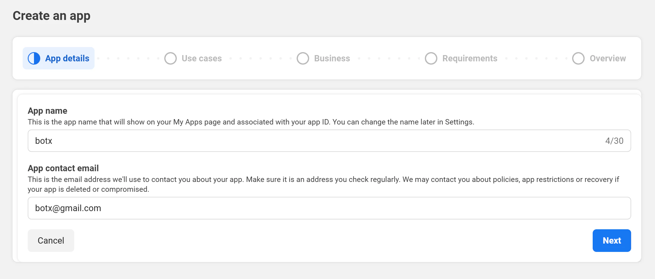 App name and contact email fields