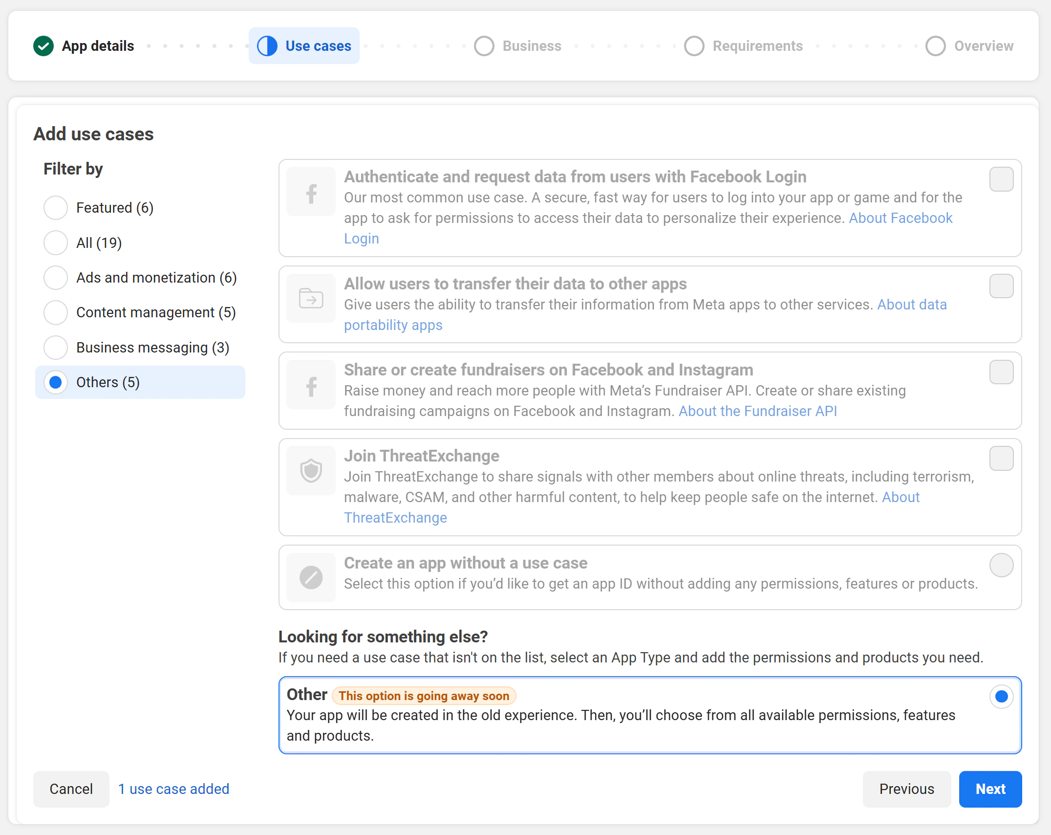 Use case selection — Other option highlighted
