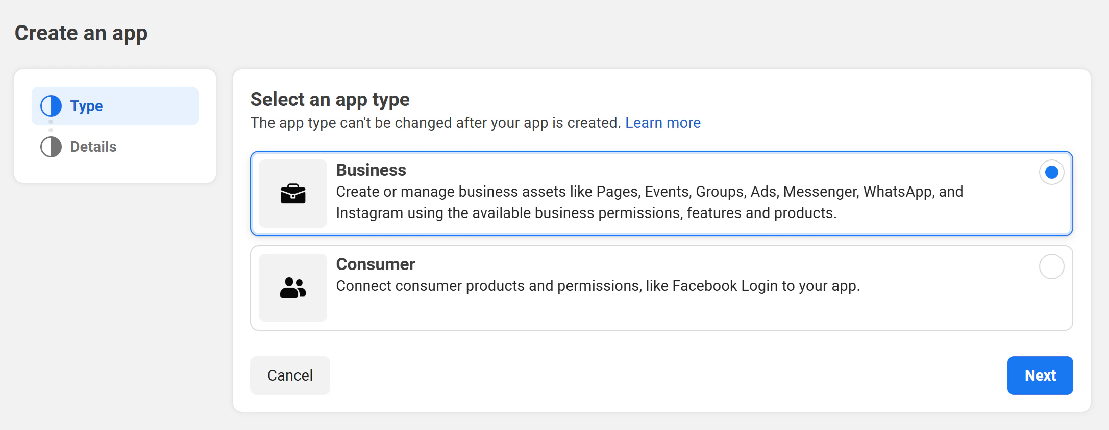 App type selection — Business option highlighted
