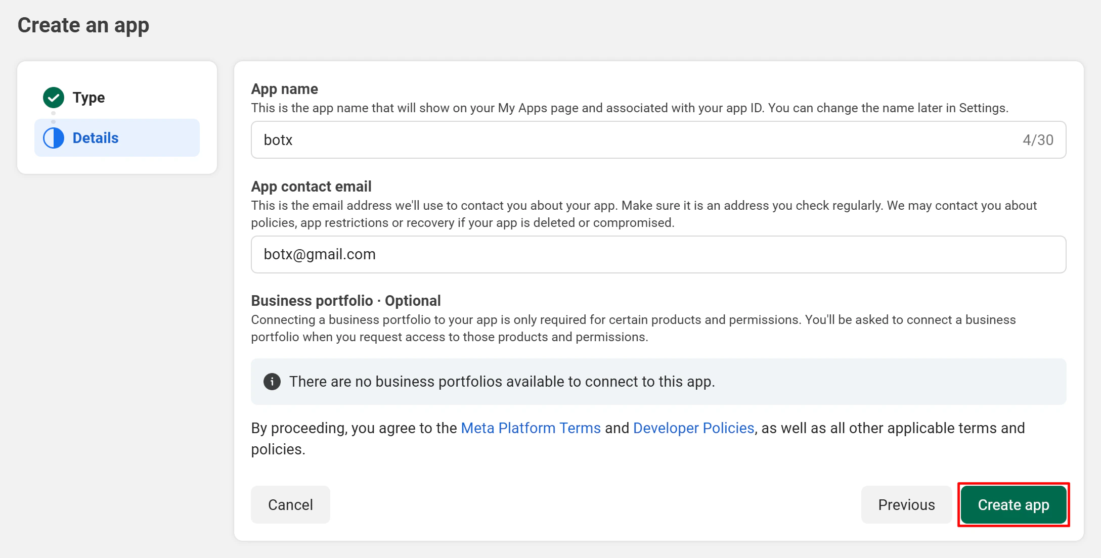 Confirmation screen before creating the app