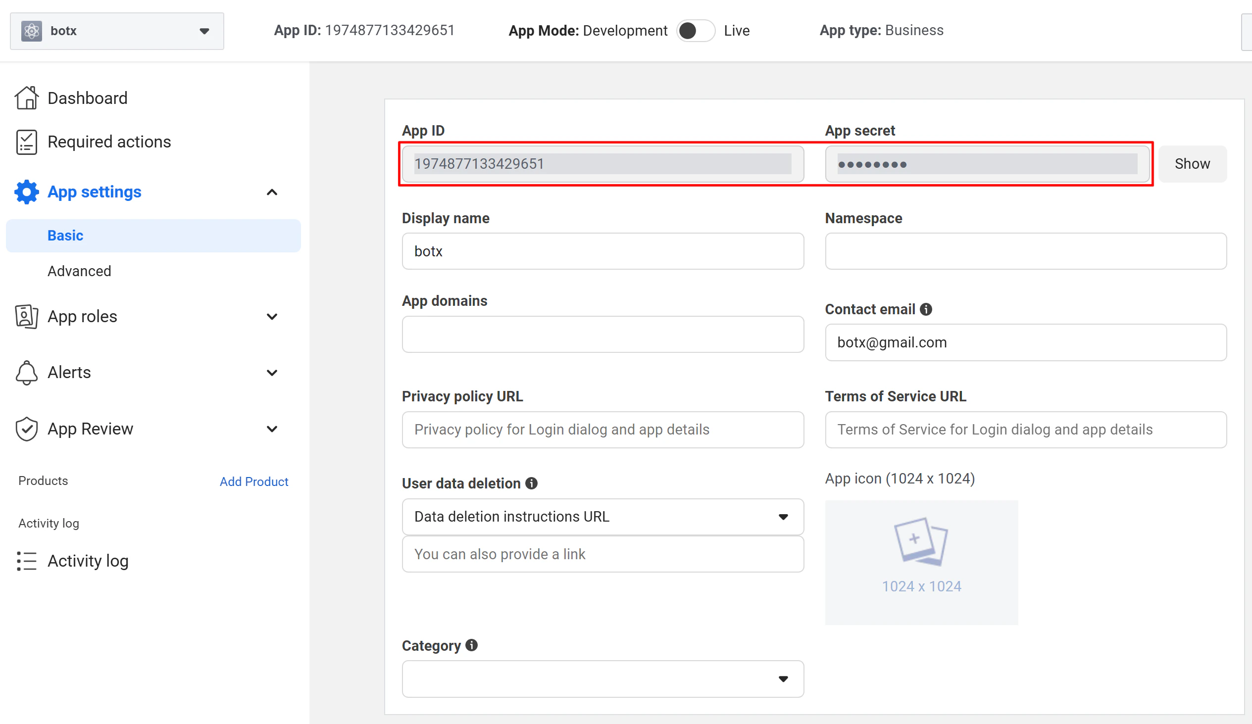App ID and App Secret in Basic Settings