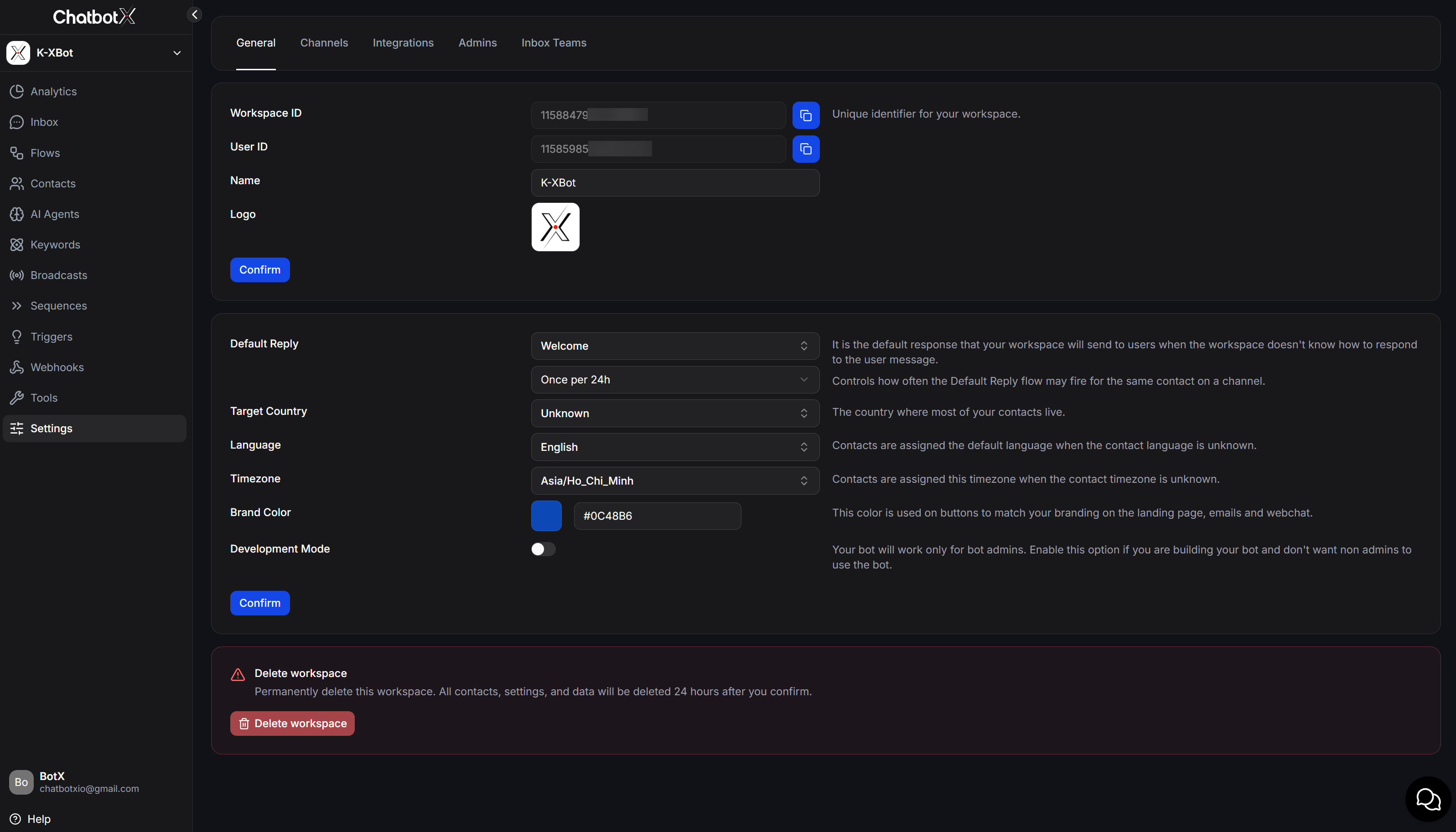 Chatbotx Workspace General Settings