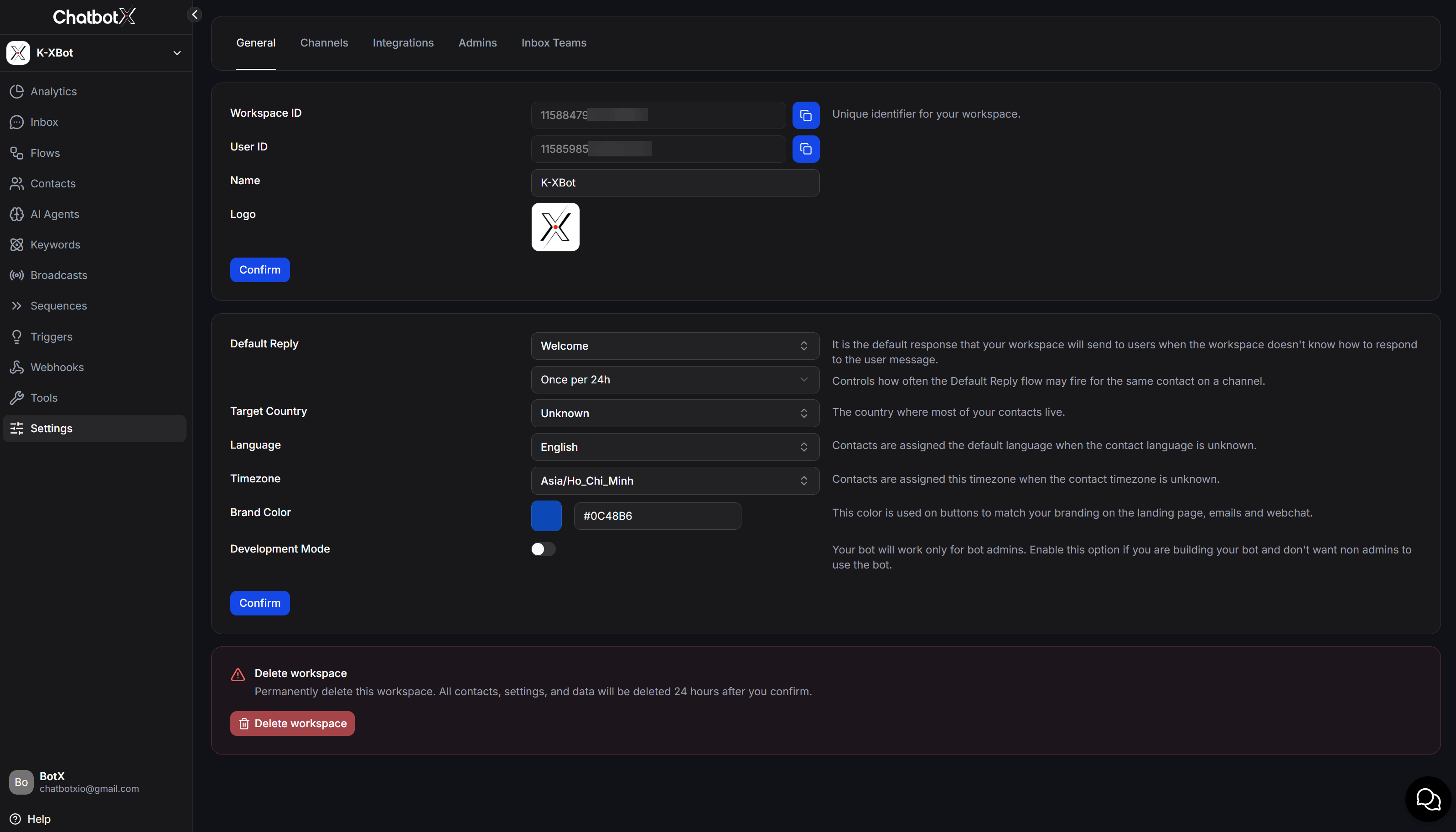 Chatbotx Workspace General Settings