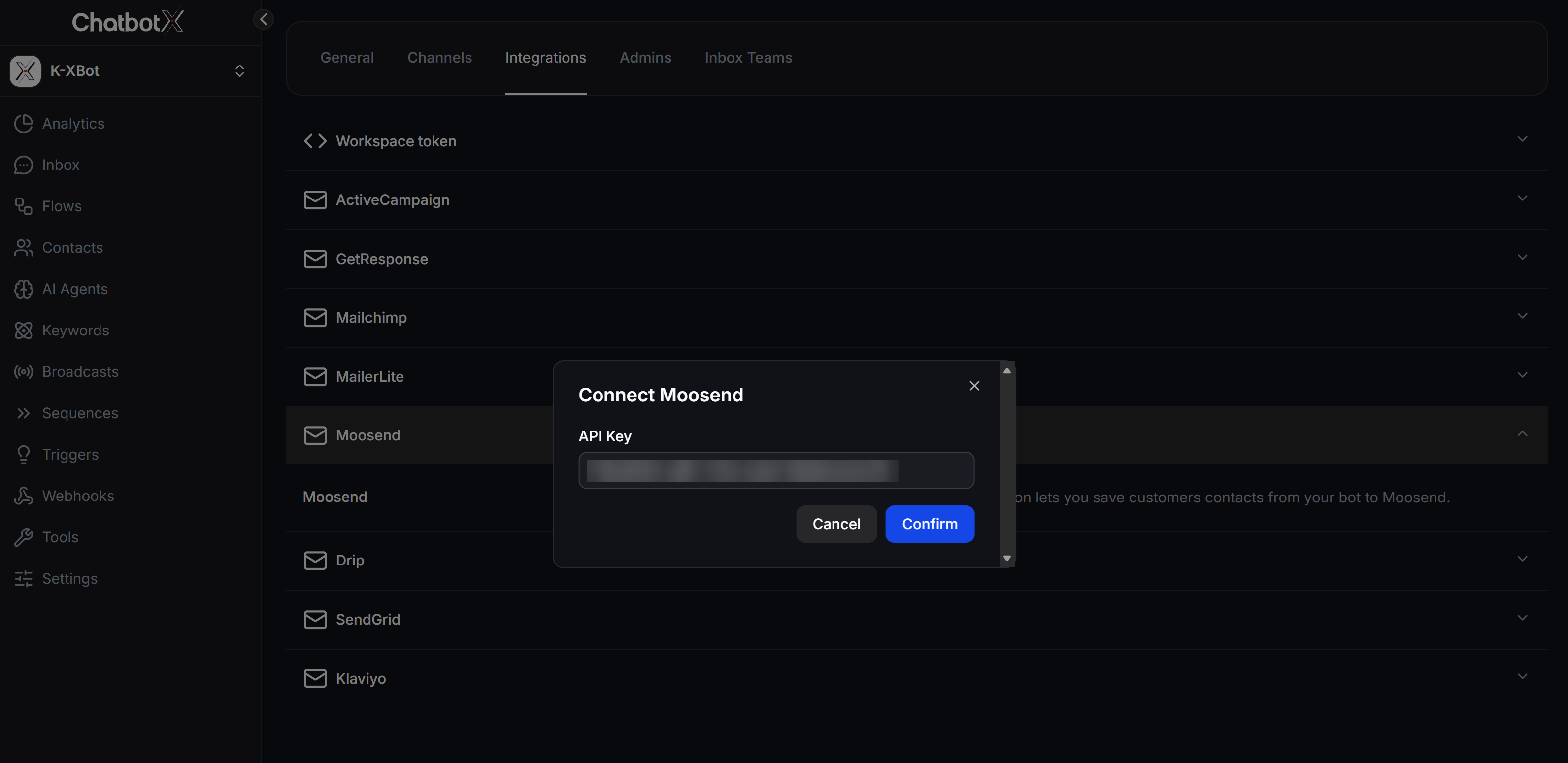 Connect Moosend in ChatbotX Integrations