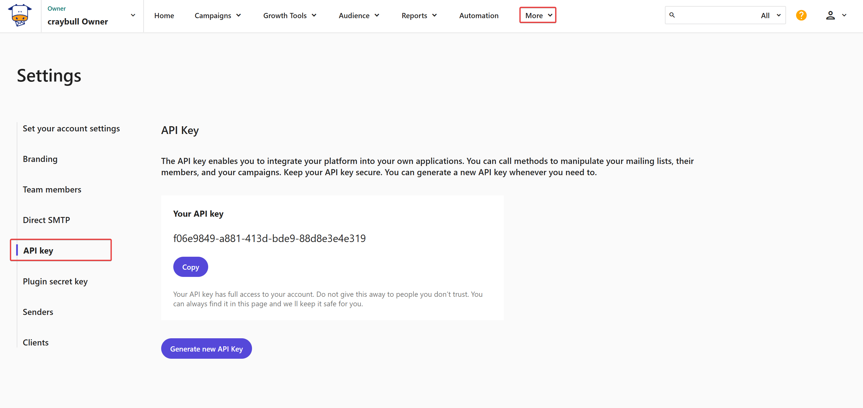 Moosend API Key Settings