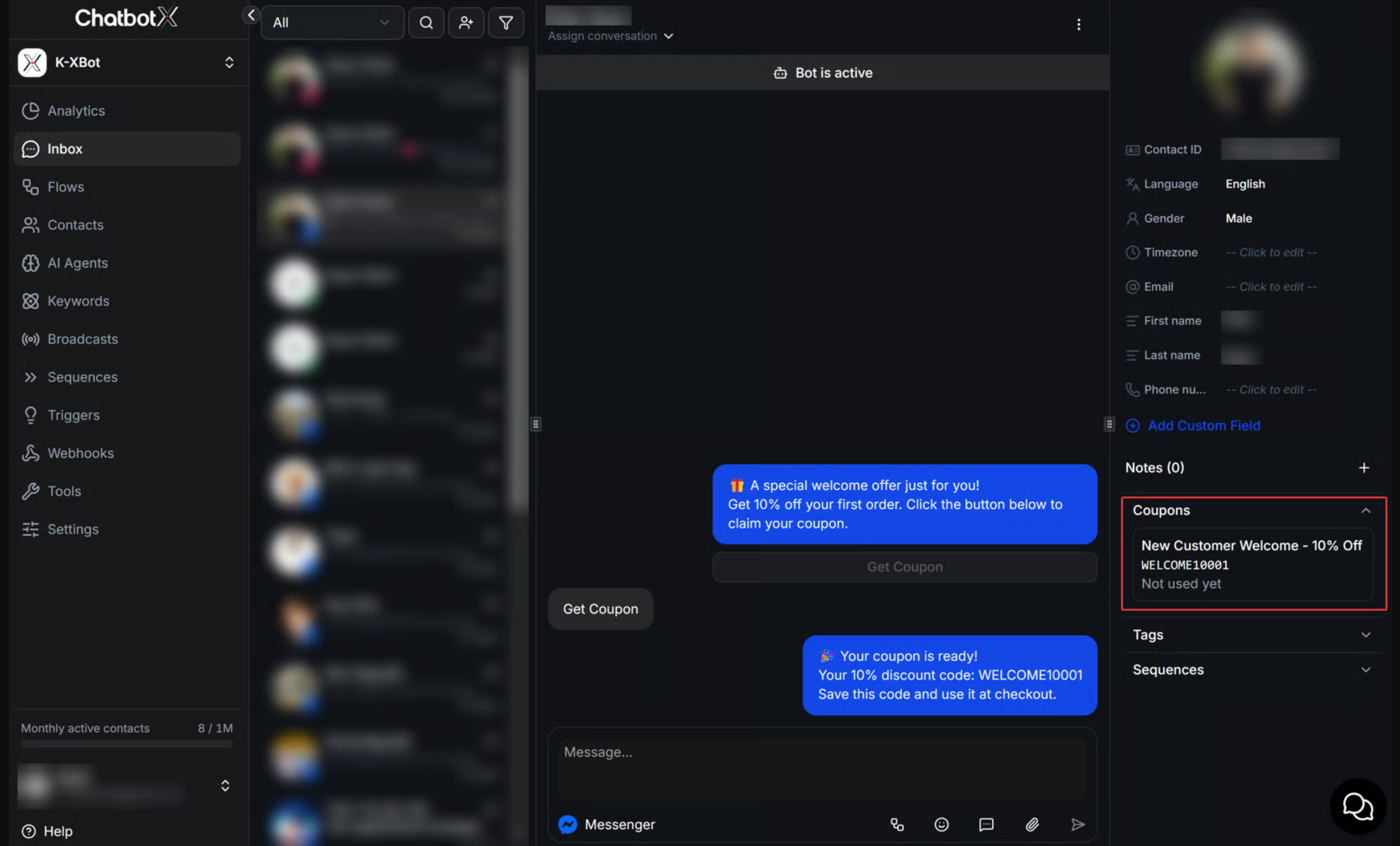 Chatbotx Inbox Contact Coupons View