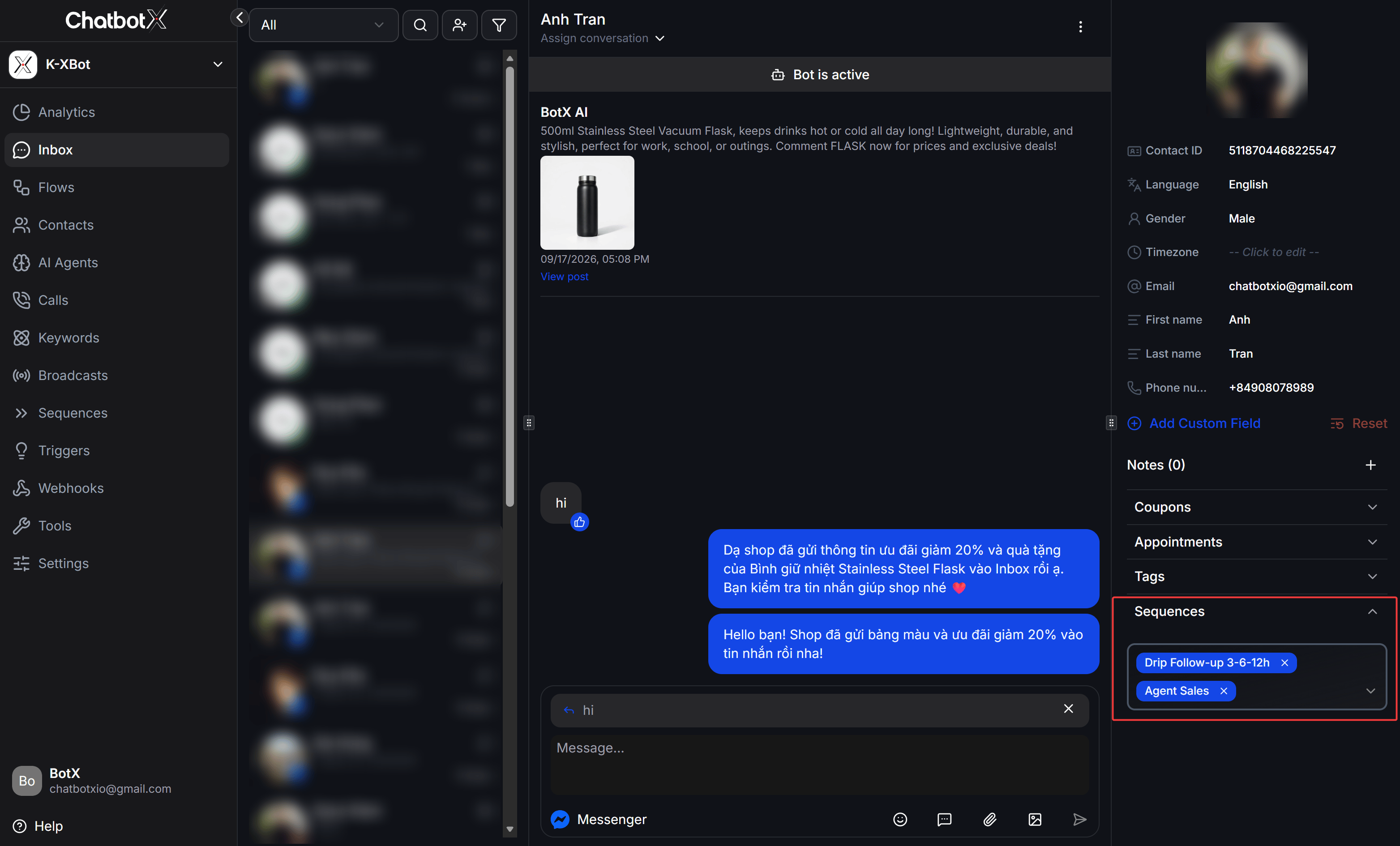 Chatbotx Inbox Contact Sequences Management