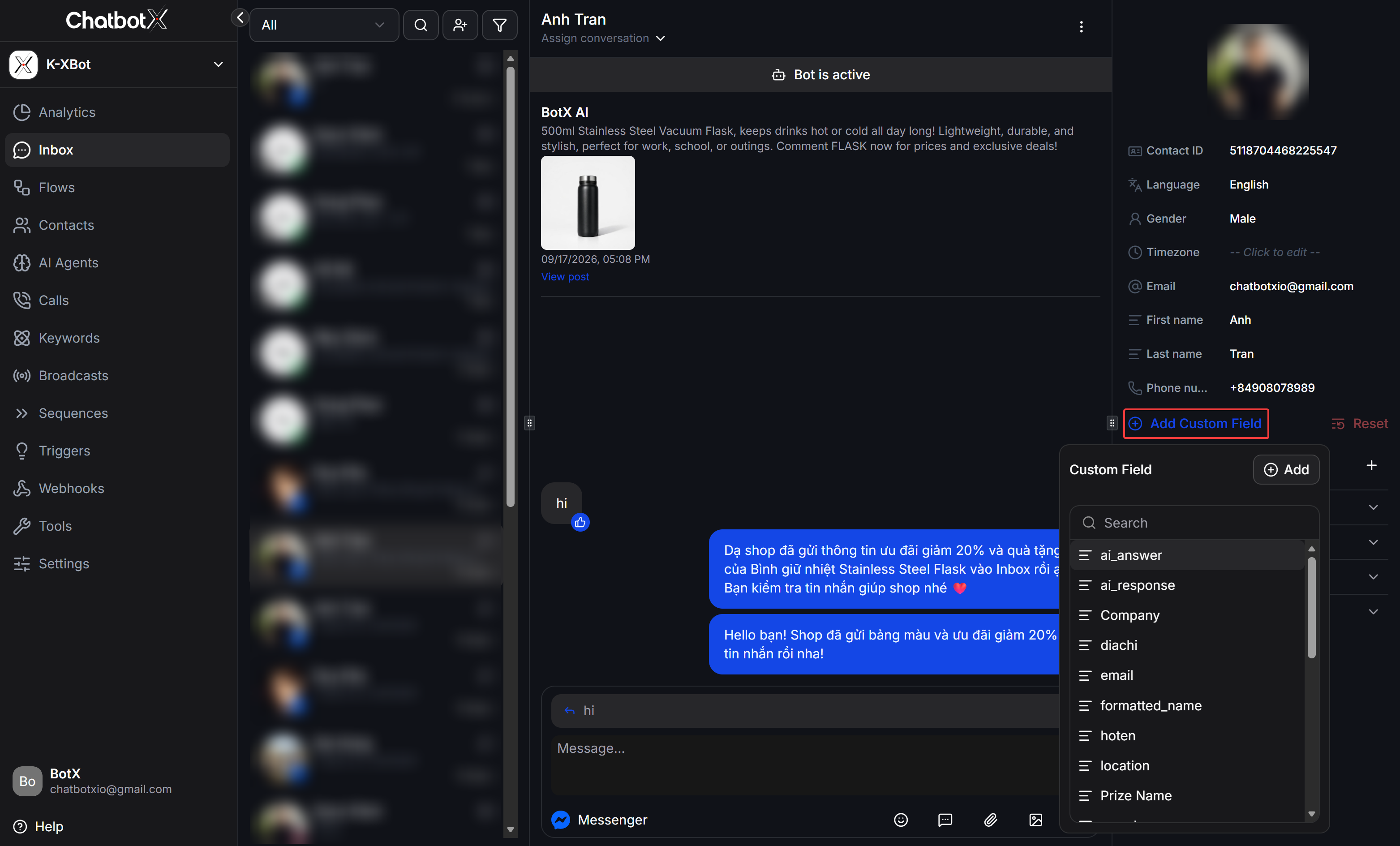 Chatbotx Inbox Contact Sidebar Custom Fields