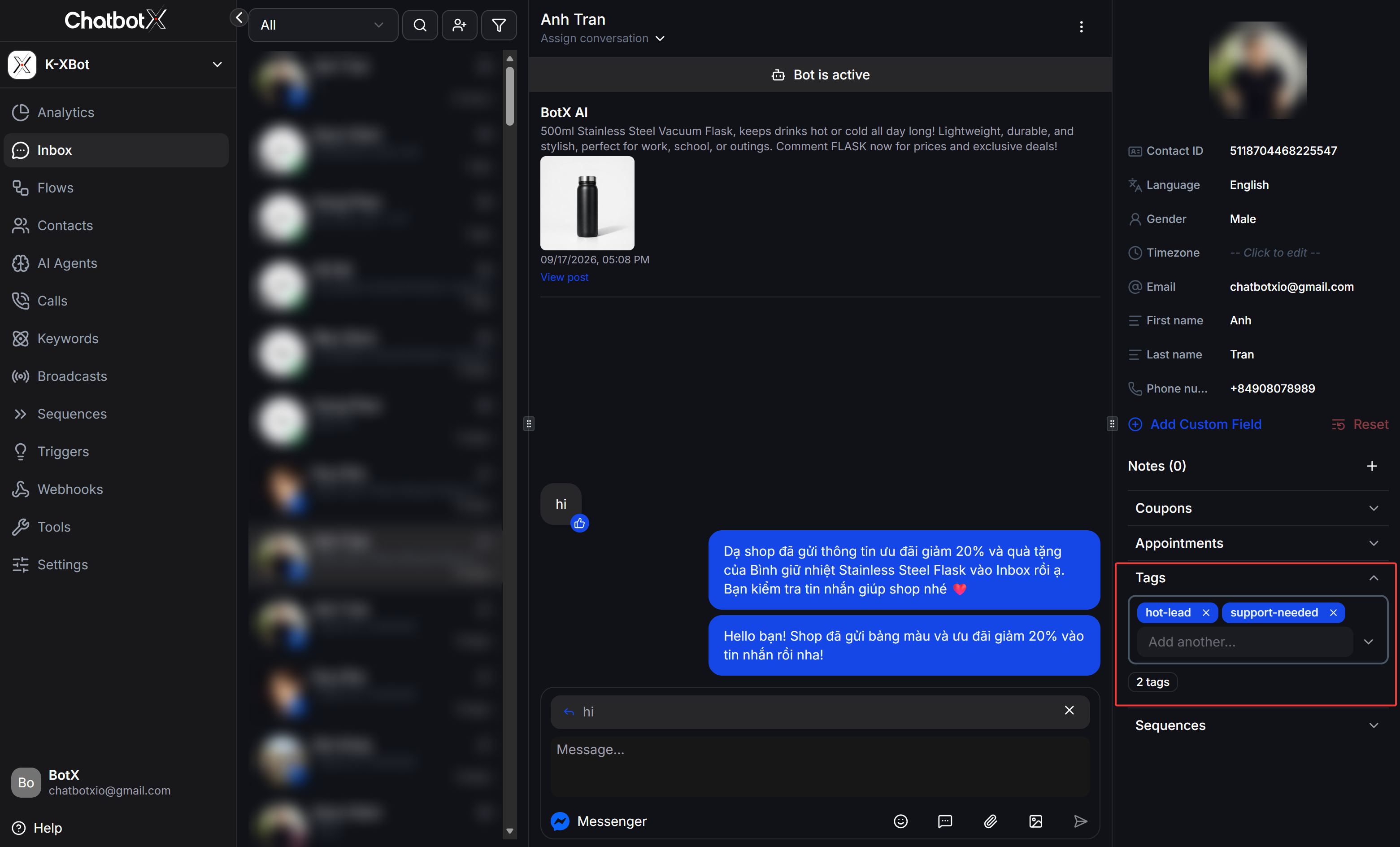 Chatbotx Inbox Contact Tags Management