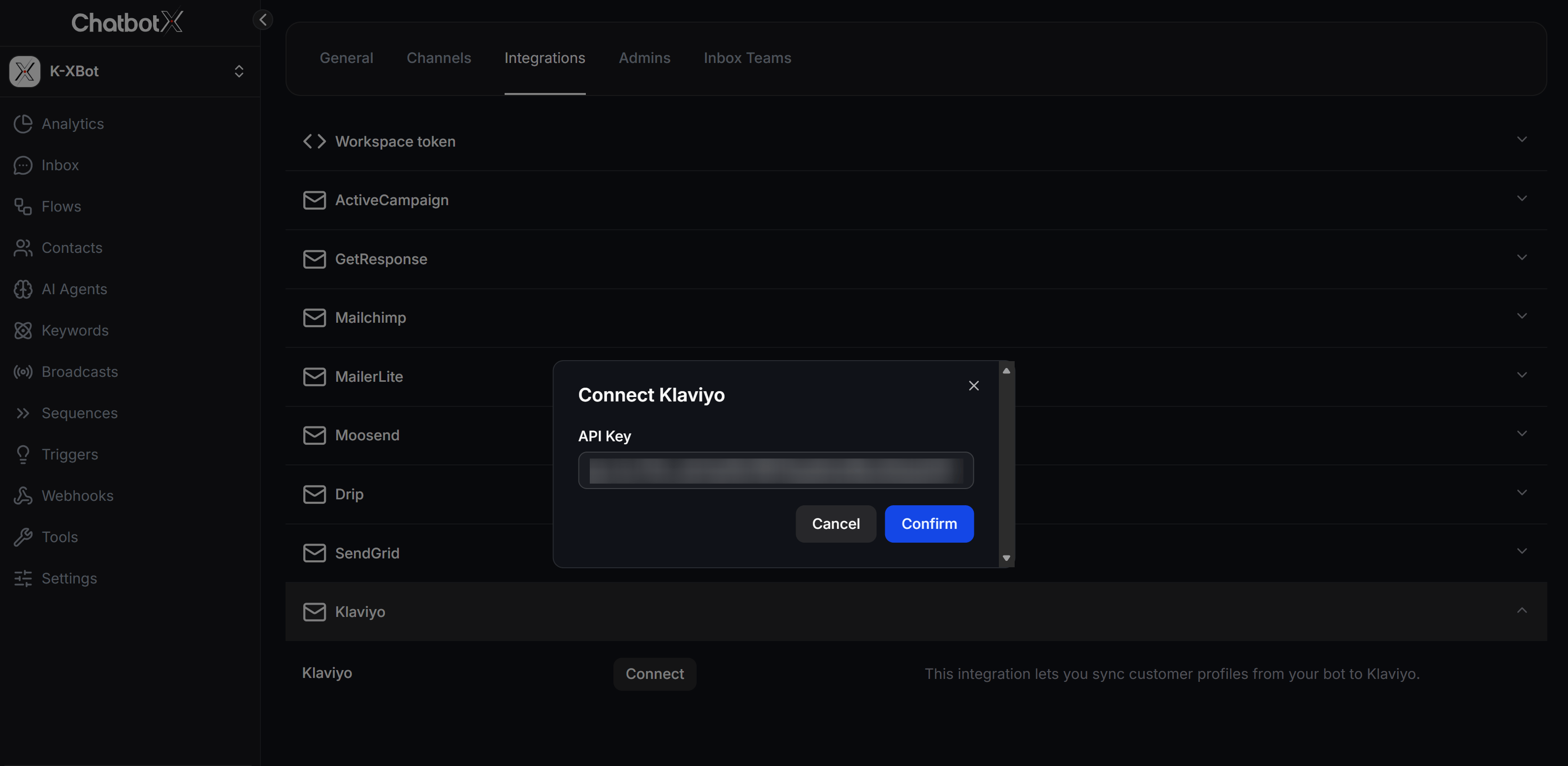 Connect Klaviyo in ChatbotX Integrations