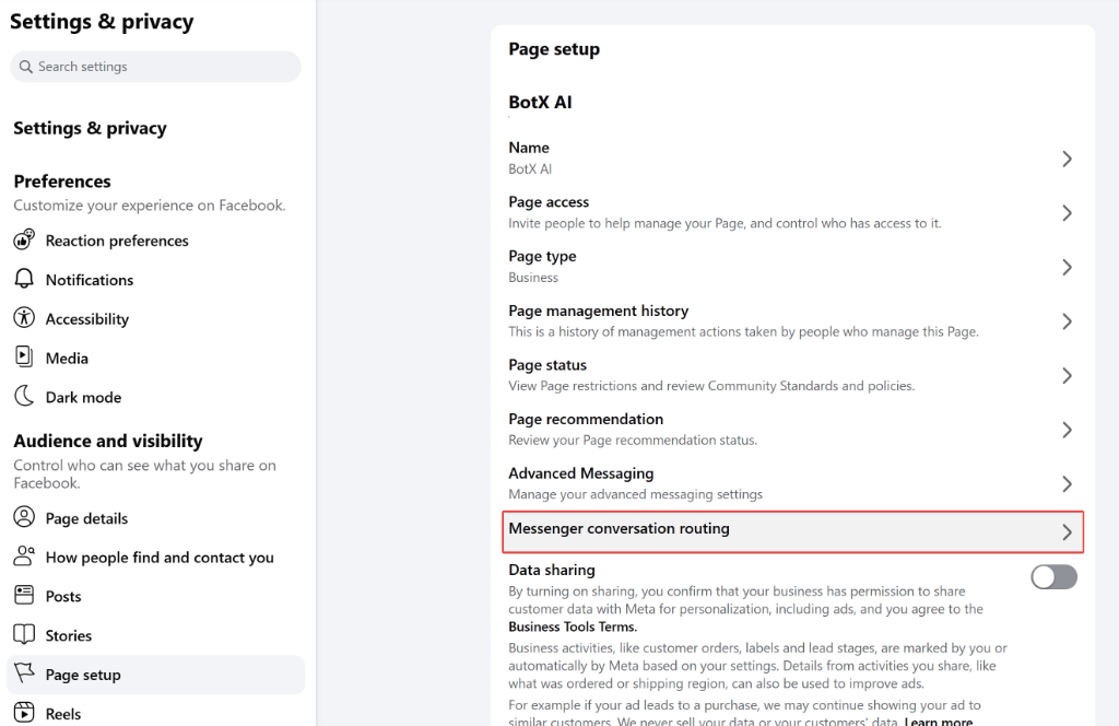 Messenger conversation routing menu