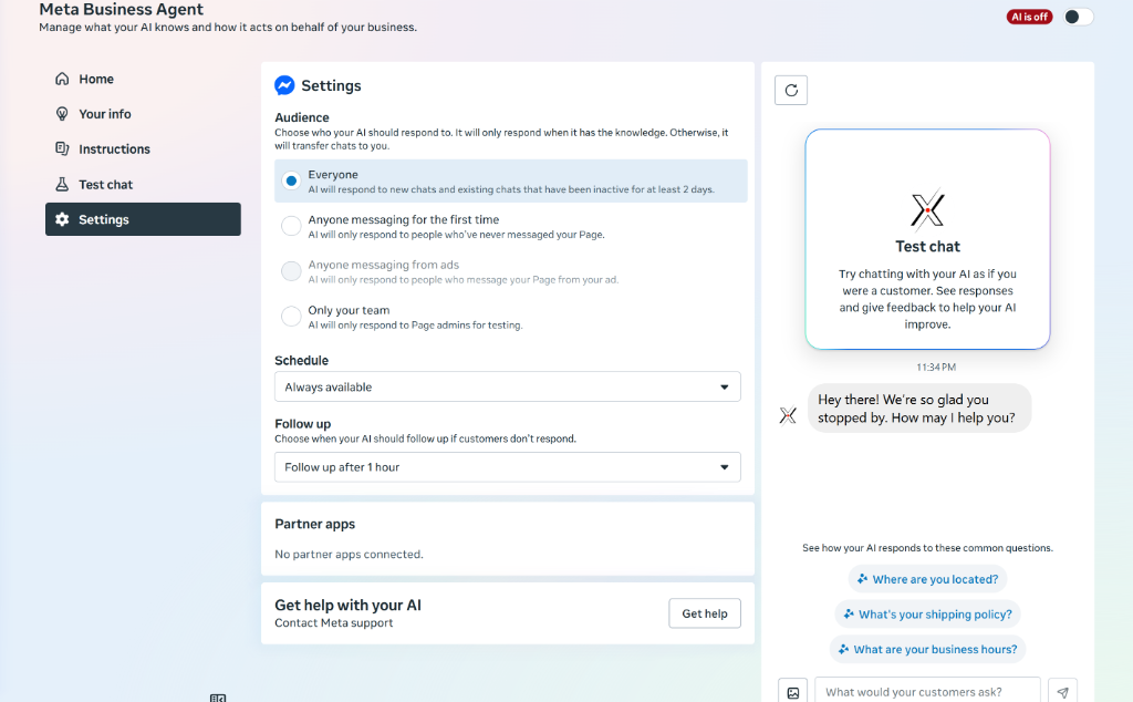 Meta Business Agent Settings