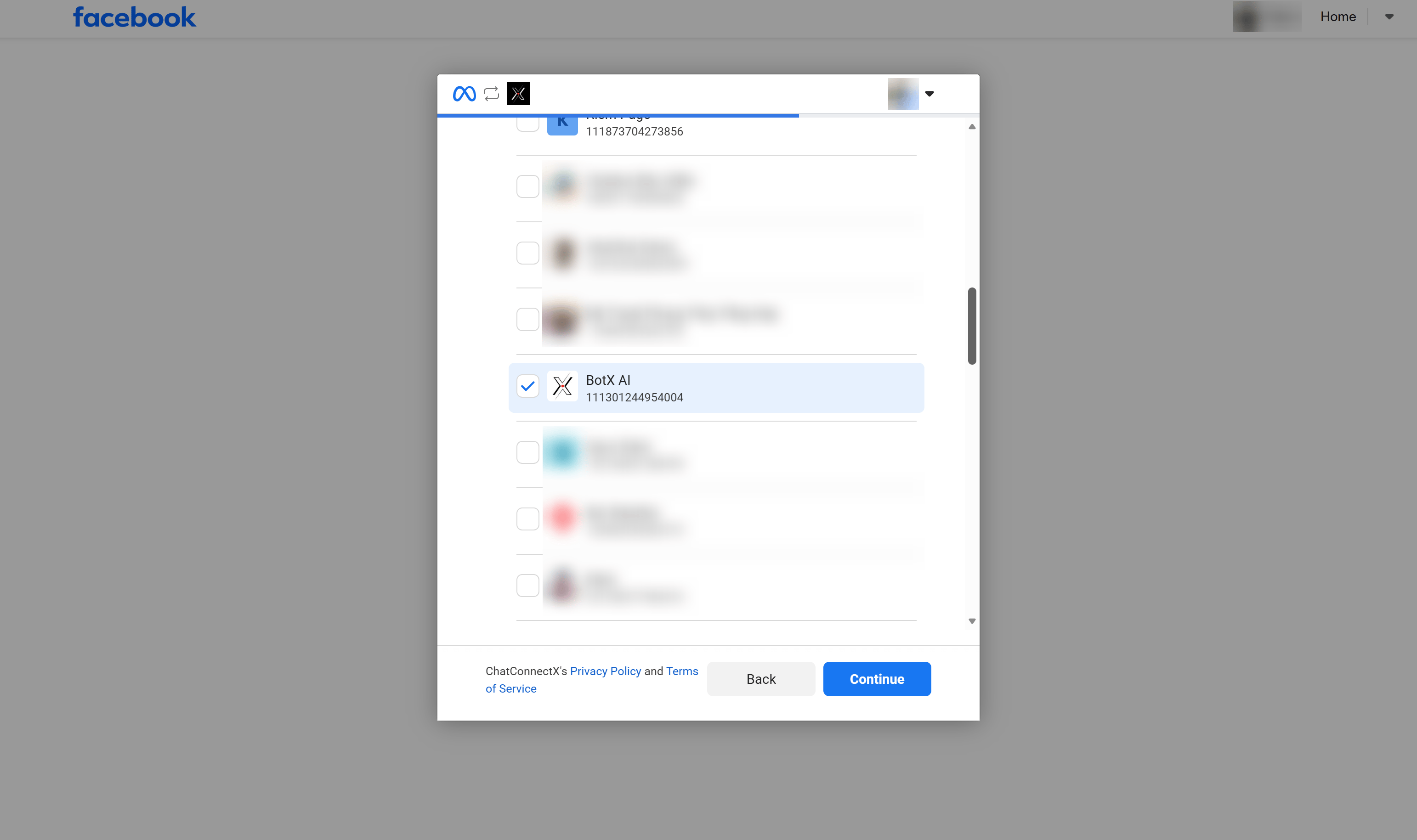 Authorize Facebook Page access for ChatbotX