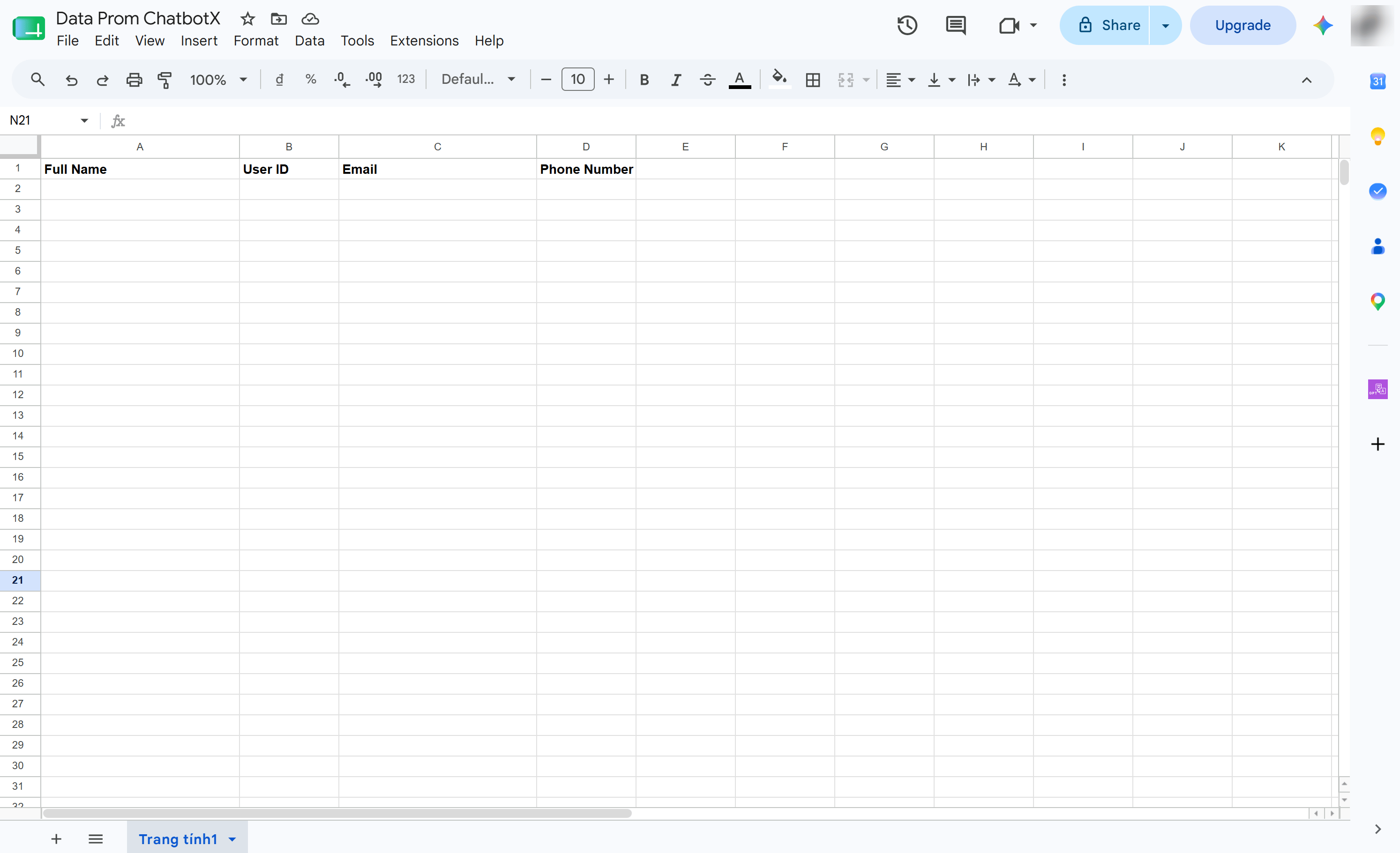 Google Sheets Setup Headers