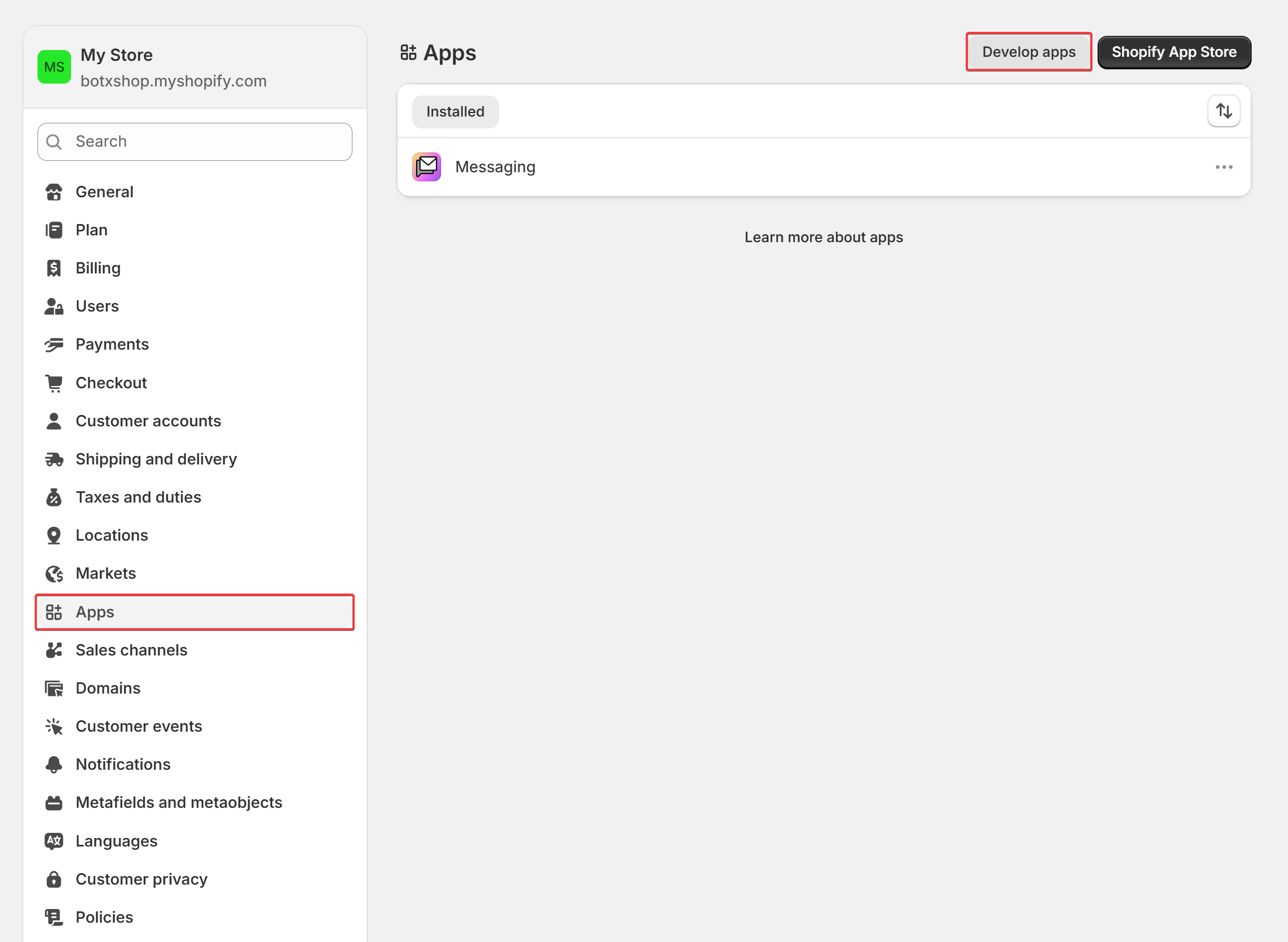 Develop Apps In Shopify Settings