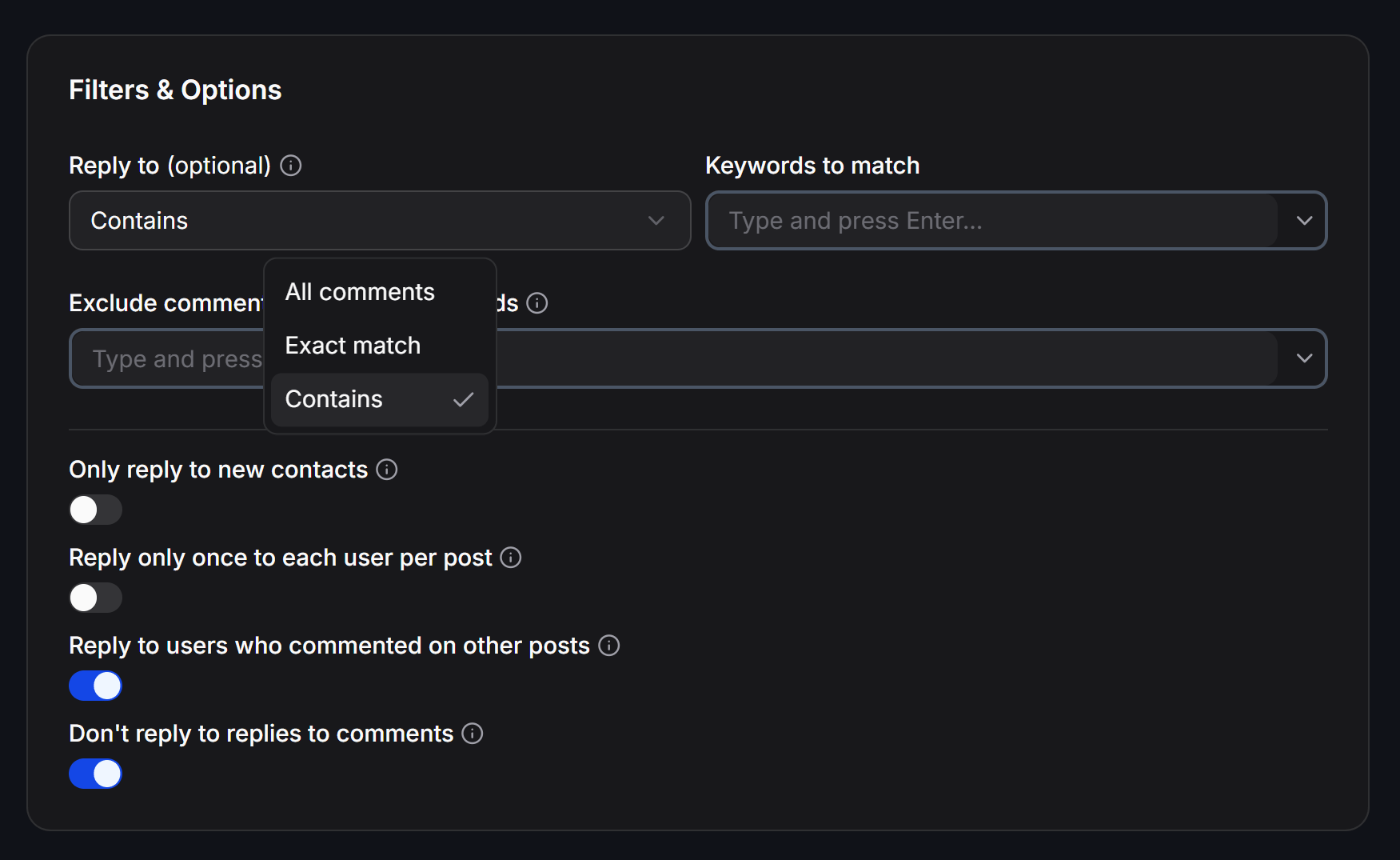 Configure Instagram comment filters and reply options