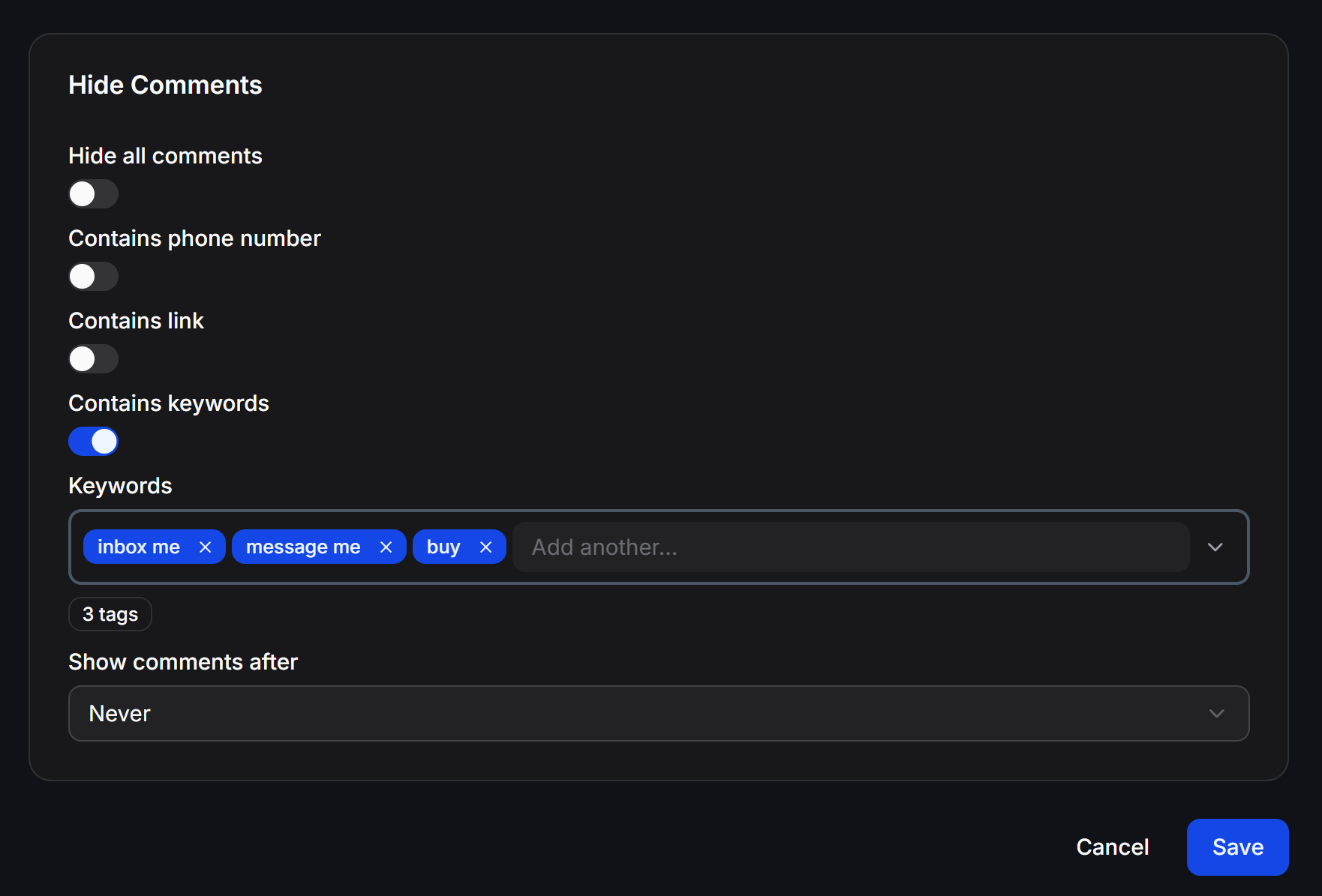 Configure hidden Instagram comments and save the automation