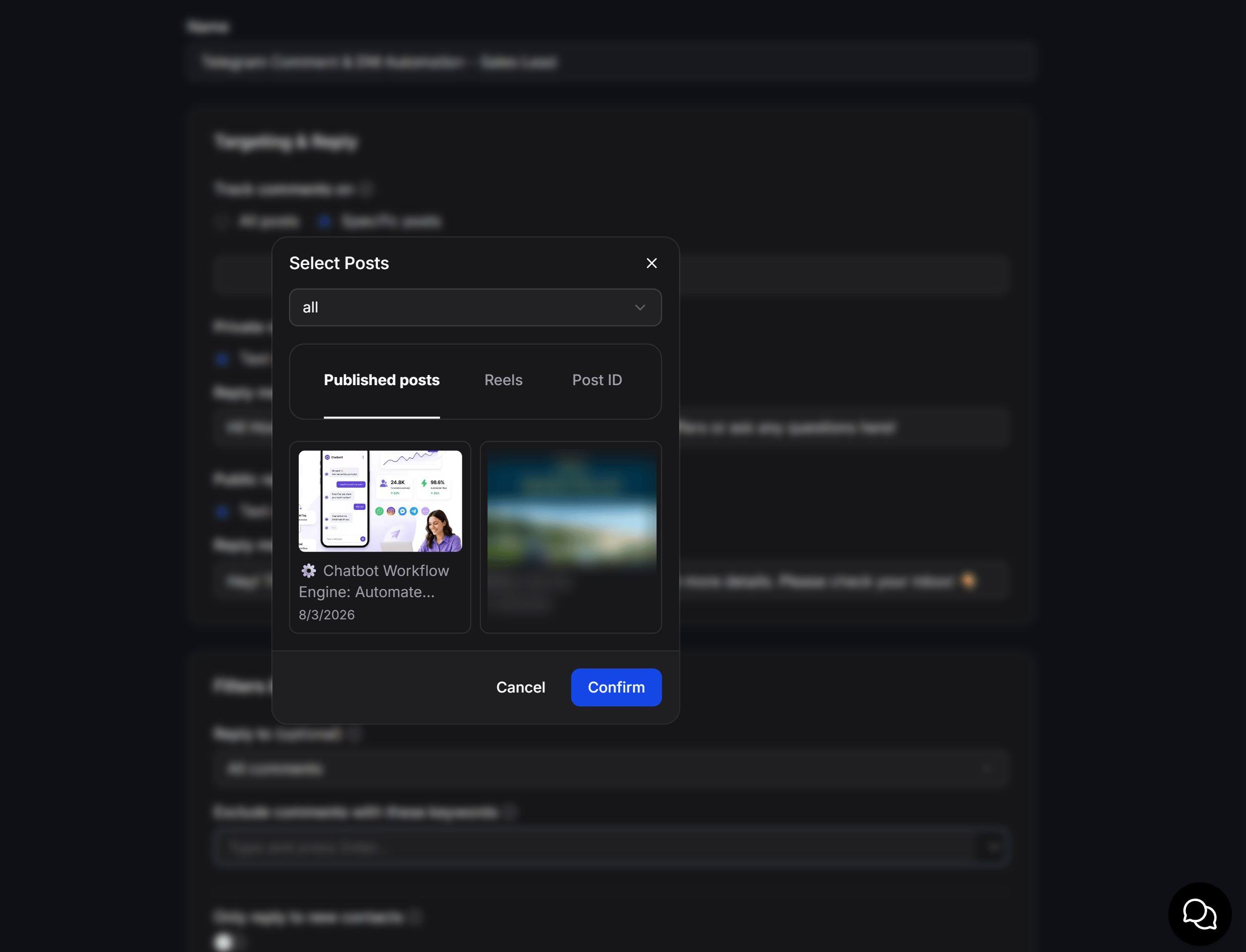 Select Instagram posts for comment automation