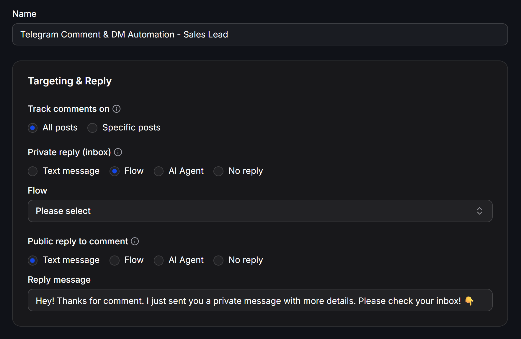 Configure Instagram private and public comment replies