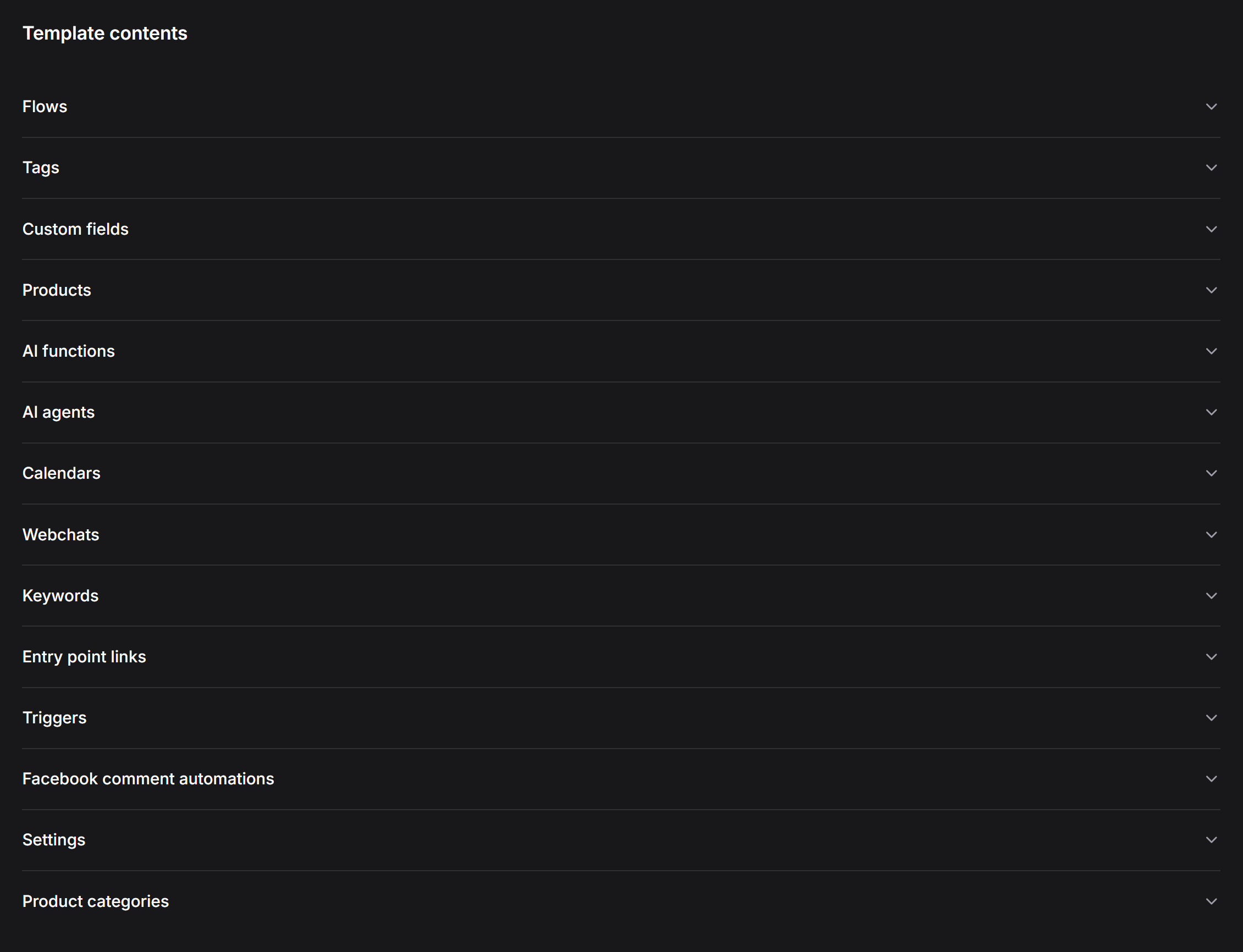 Template Contents Categories List