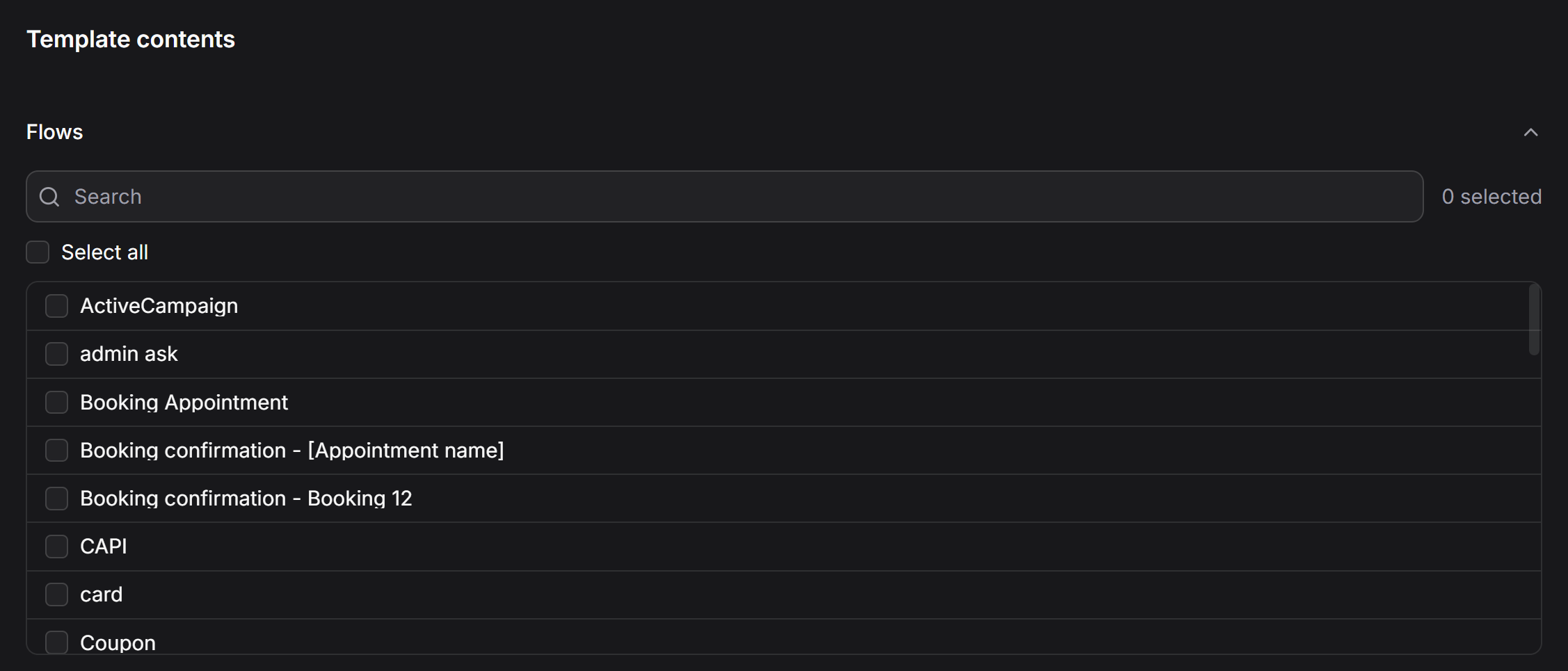 Template Contents Flows Selection