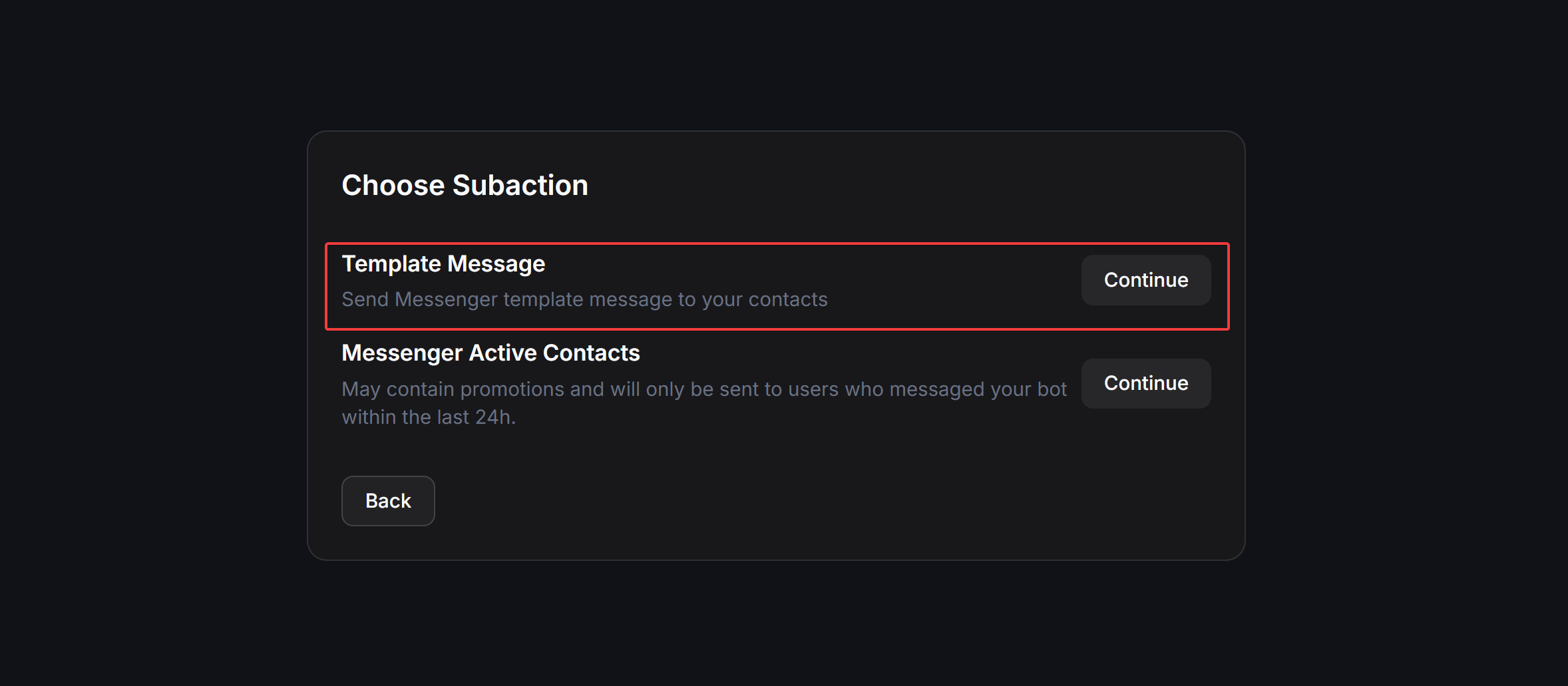Broadcast Choose Subaction Template Message