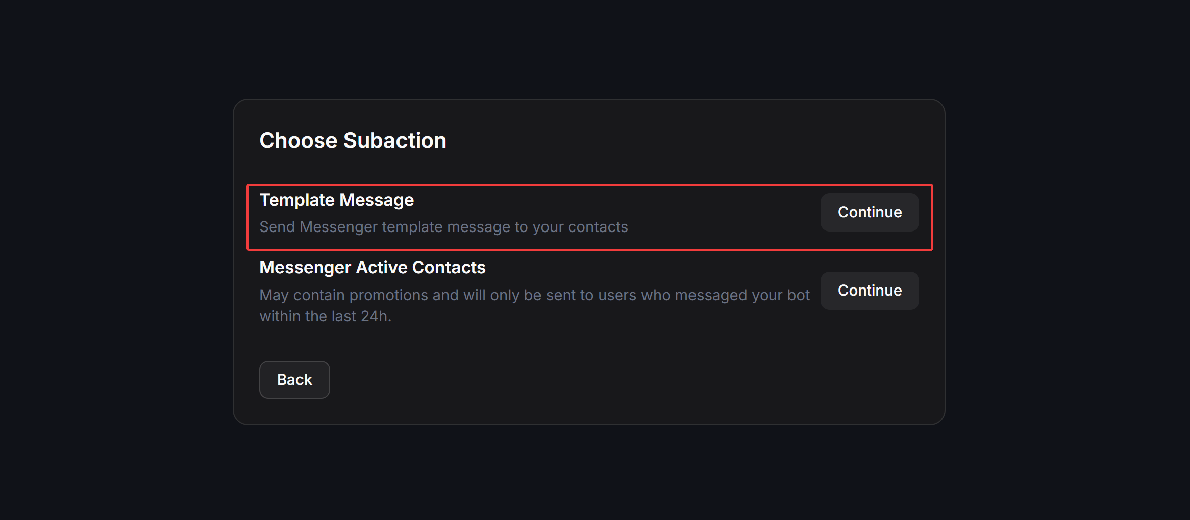 Broadcast Choose Subaction Template Message