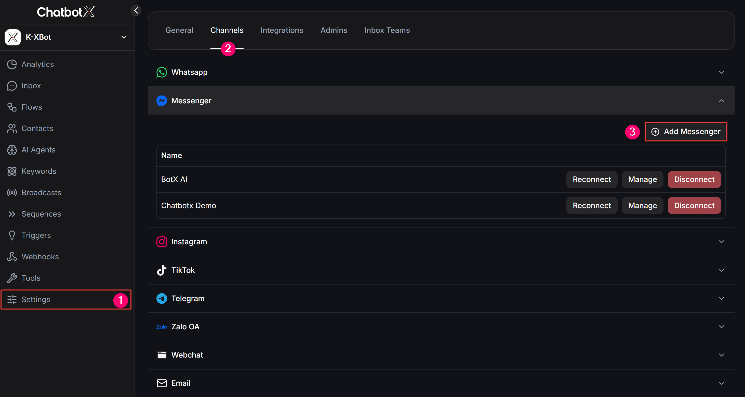 Settings Channels Add Messenger