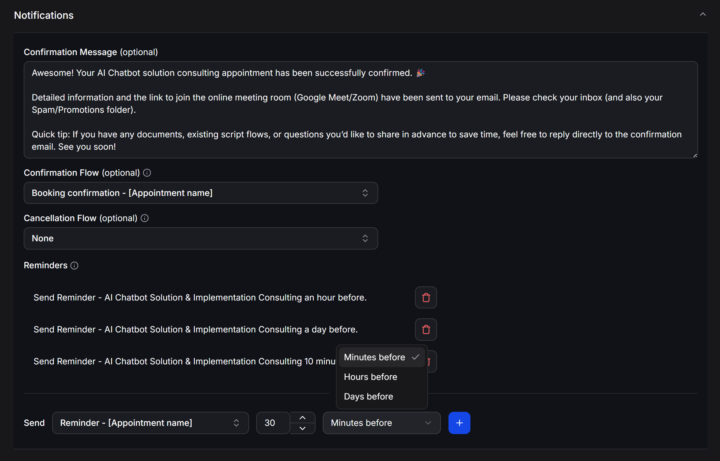 Configure appointment notifications with confirmation and reminder flows