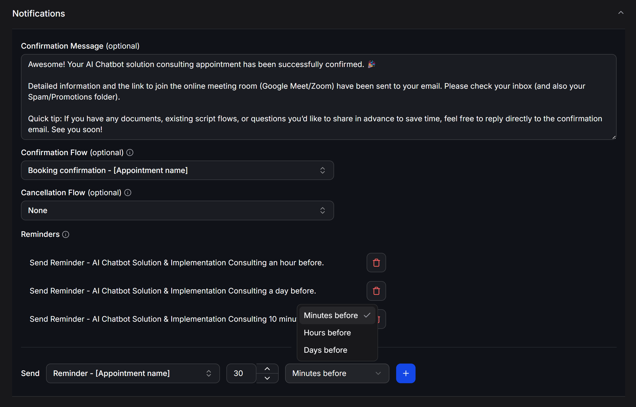 Configure appointment notifications with confirmation and reminder flows
