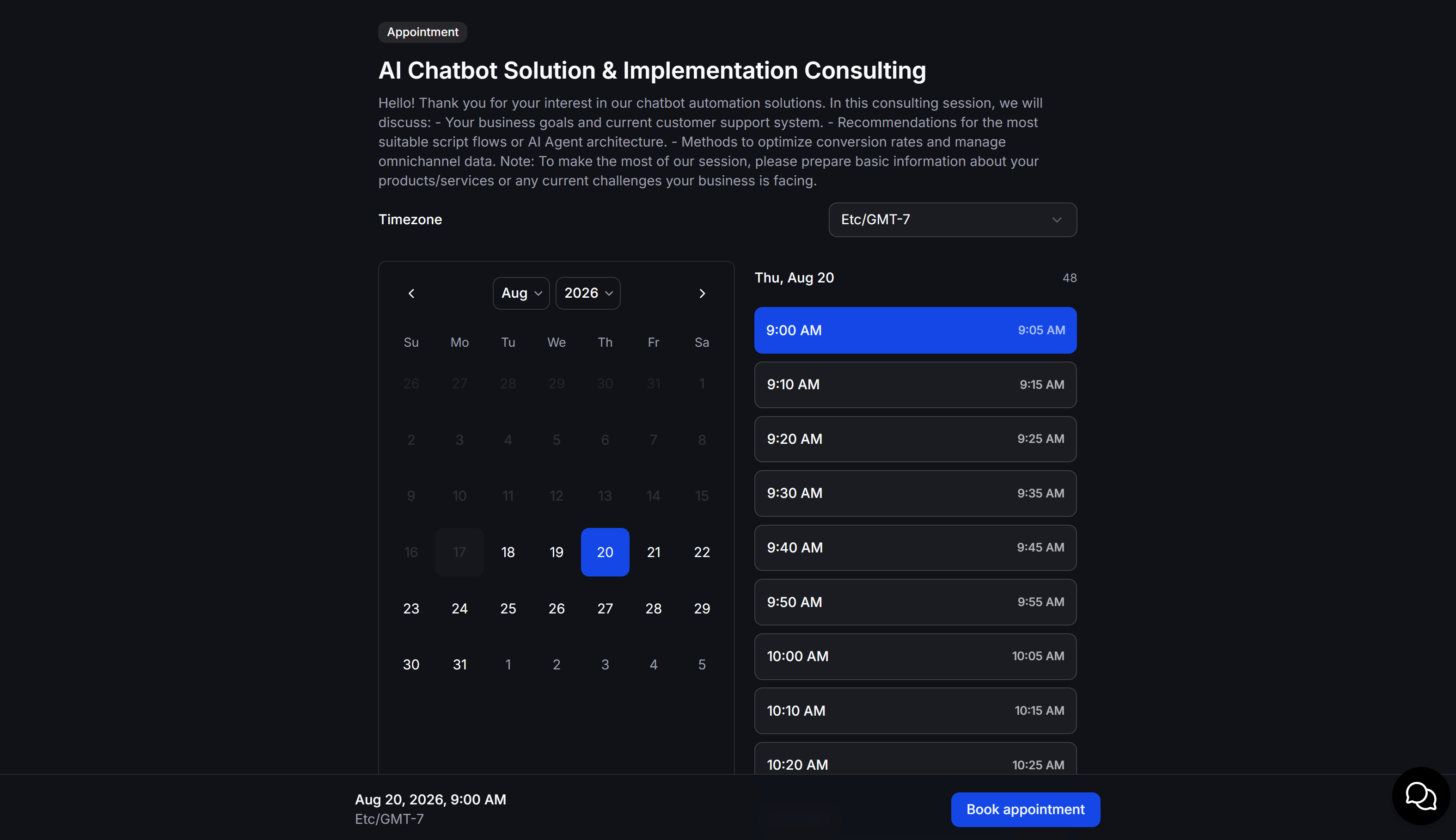Choose a date and time on the appointment booking page