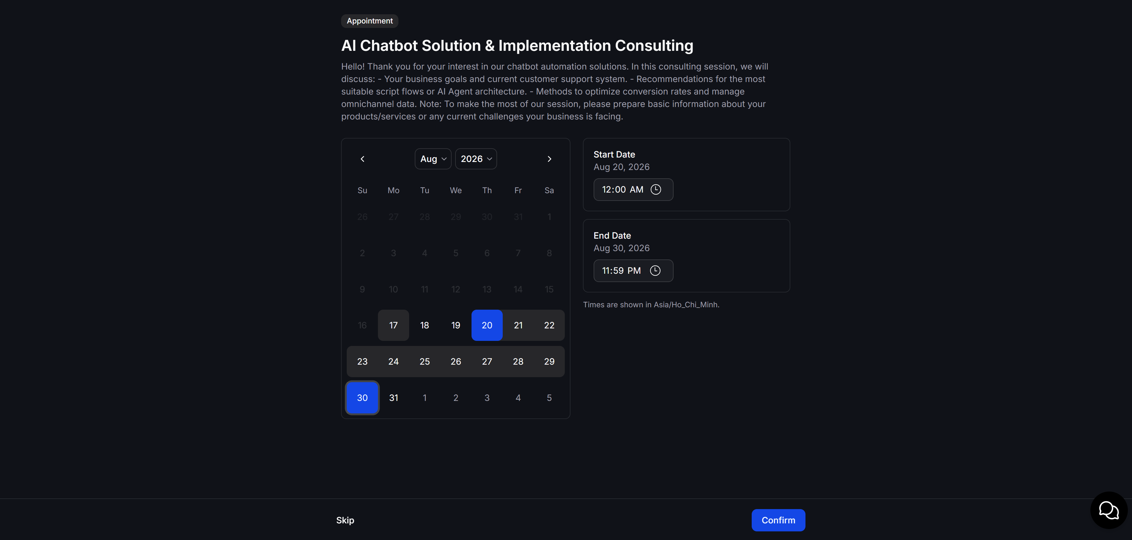 Choose a date range on the appointment availability page